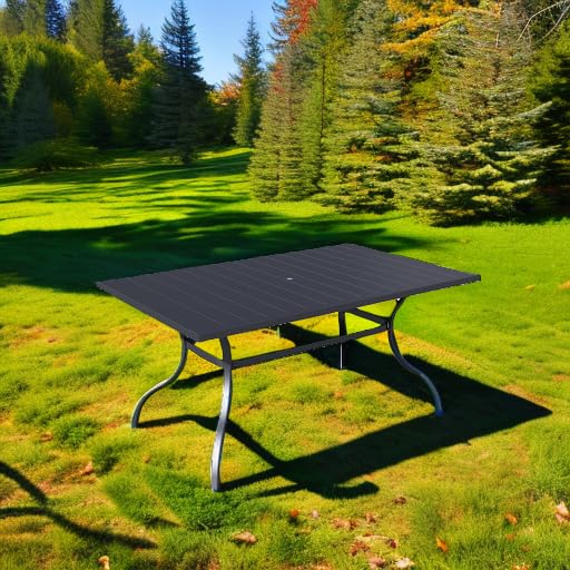 6-Person Outdoor Rectangle Dining Table with Umbrella Hole - Durable Metal Steel Picnic Table for Backyard, Garden, Poolside & Patio - Perfect for BBQs, Parties & Outdoor Entertaining (Black)