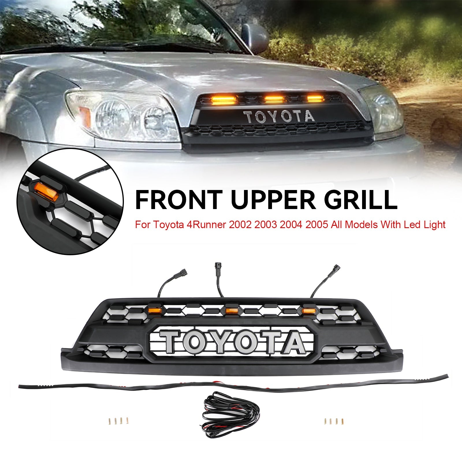 02-05 Toyota 4Runner TRD PRO Style Front Bumper Grille with Amber Lights & Toyota Letter - Off-Road Upgrade for Adventure & Truck Customization
