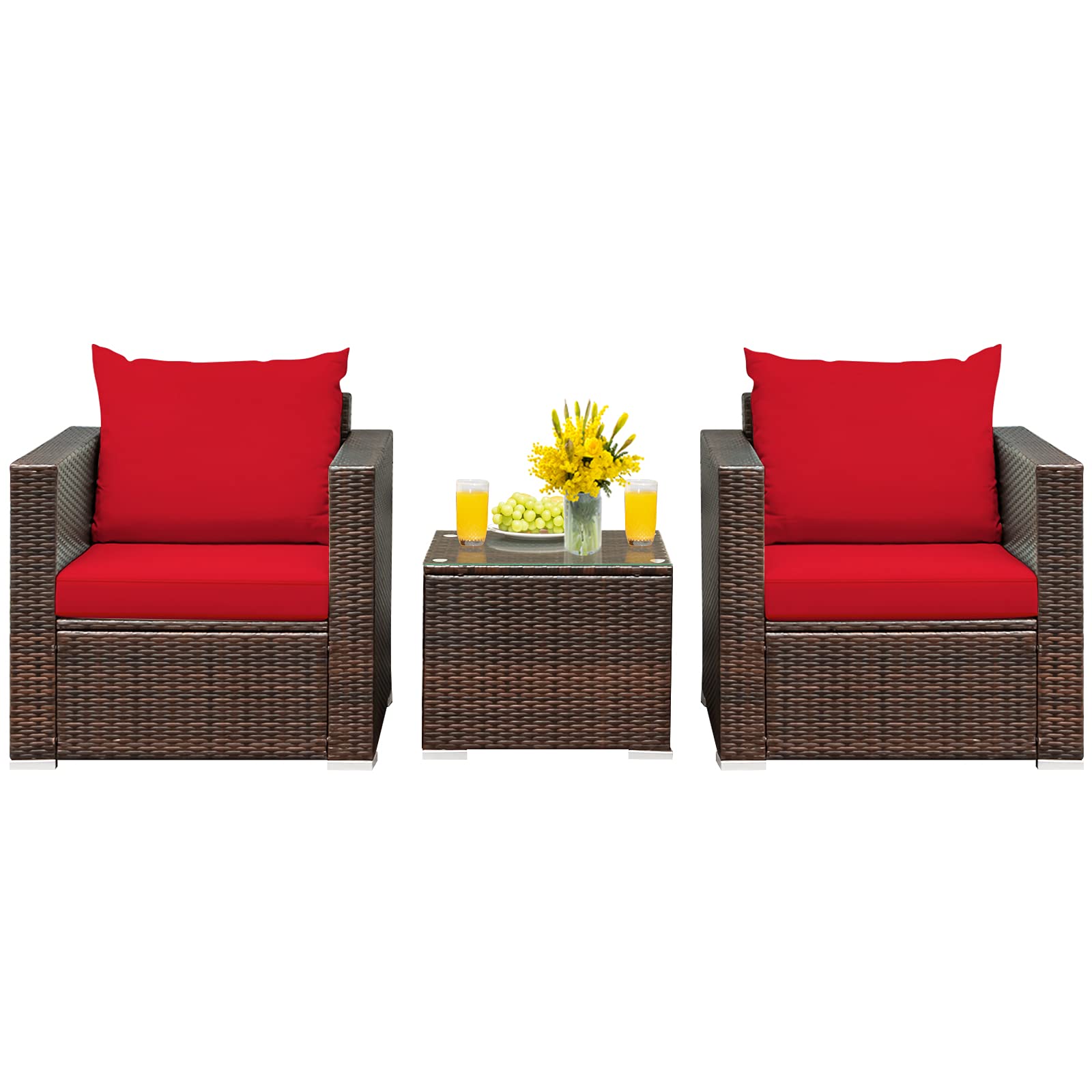 HAPPYGRILL 3-Piece PE Rattan Patio Furniture Set with Cushions & Coffee Table - Outdoor Wicker Sofa Conversation Set for Garden, Poolside, Balcony, Backyard & Deck Relaxation