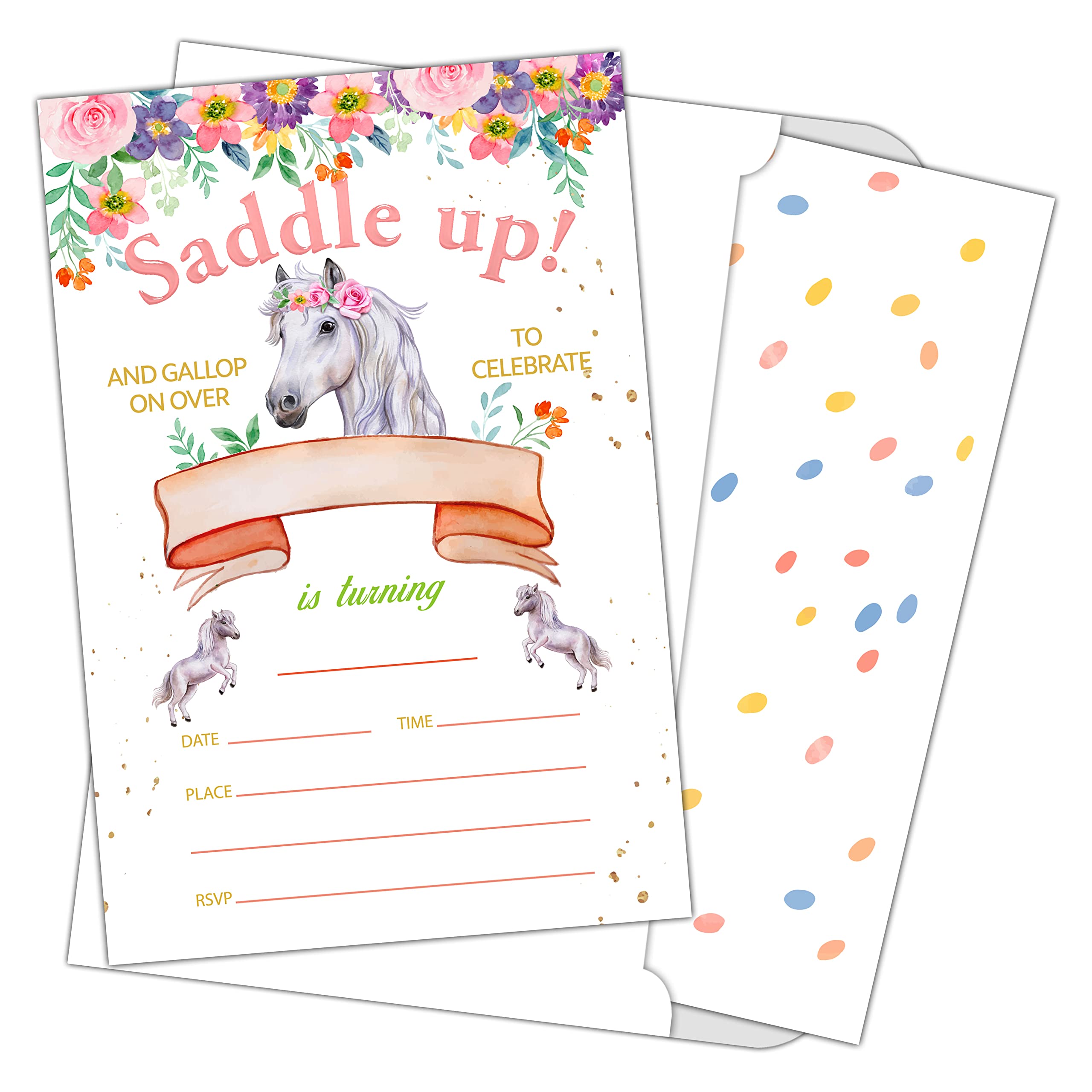 20-Pack Horse & Floral Birthday Party Invitation Cards with Envelopes for Kids & Teens - Fill-in Invites for Pony Themed Celebrations, Birthday Party Supplies (Set SR A008) | Perfect for Equestrian Parties, Girls' Birthday Events & Special Occasions