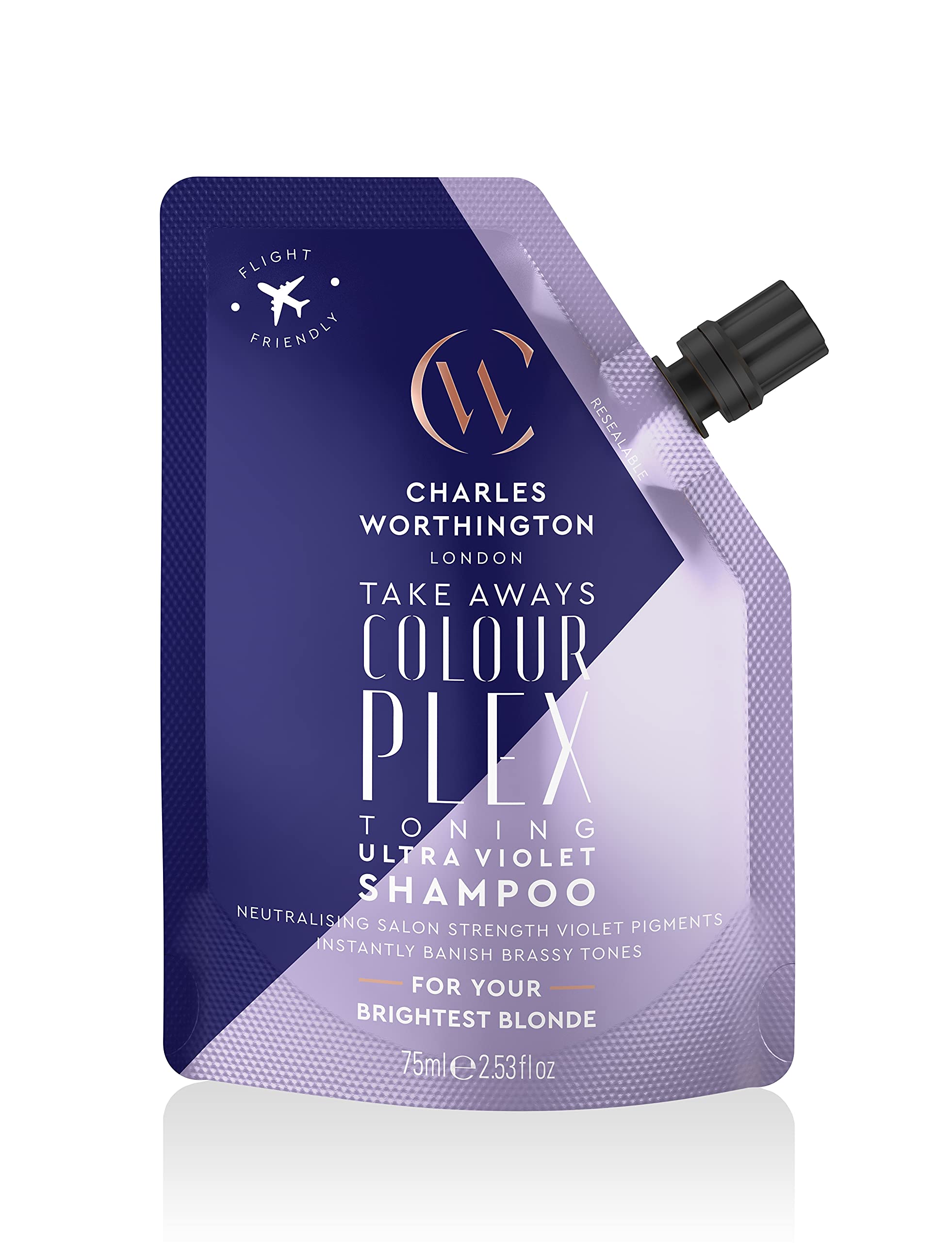 Charles Worthington Colourplex Toning Ultra Violet Shampoo - Travel Size 75ml | Purple Shampoo for Blonde & Silver Hair | Neutralizes Brassiness & Enhances Cool Tones | Perfect for On-the-Go & Salon-Quality Results at Home