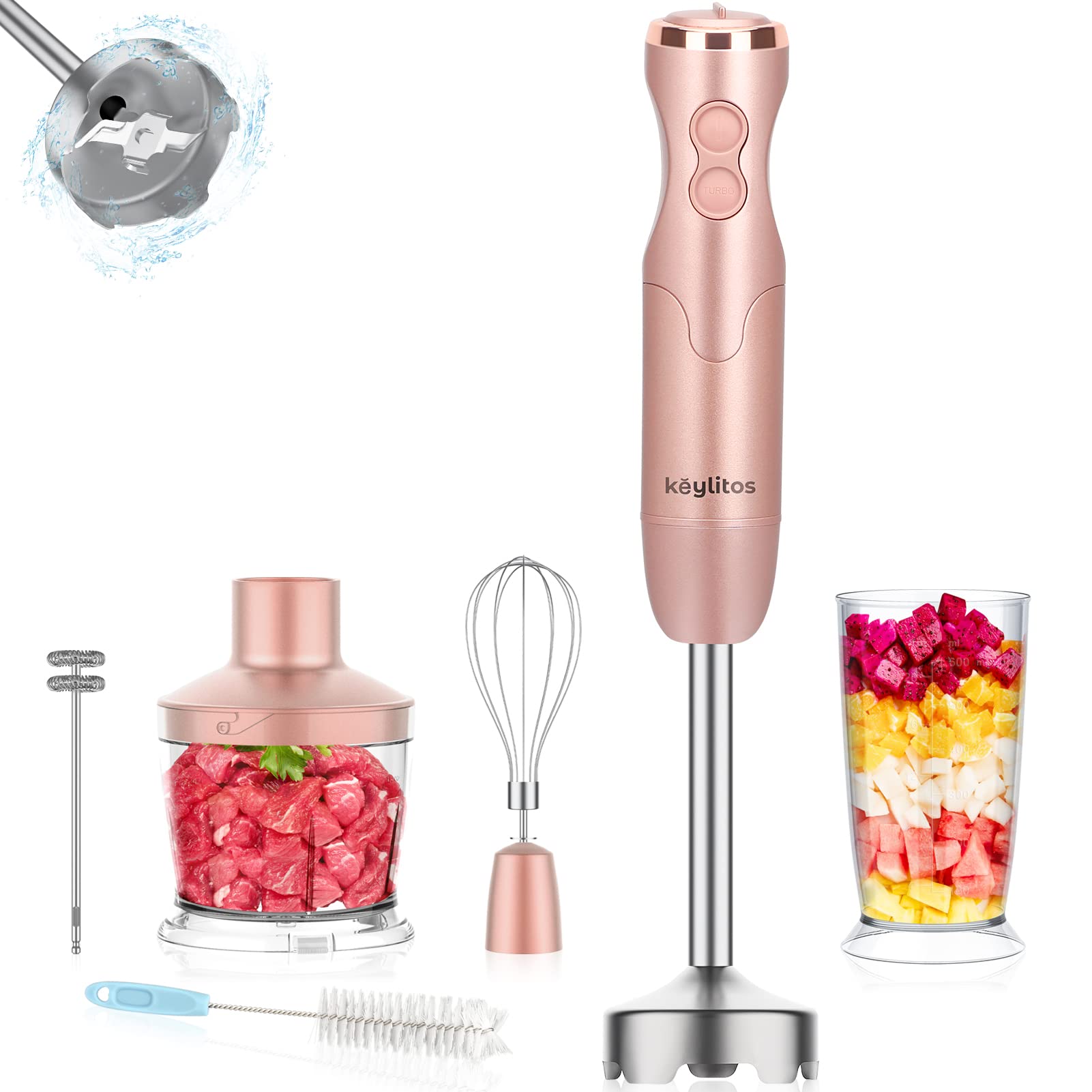 Keylitos 5-in-1 Immersion Hand Blender - 12-Speed Powerful Stick Blender with 304 Stainless Steel Blades, Chopper, Beaker, Milk Frother & Egg Whisk (Golden Pink) - Perfect for Smoothies, Soups, Baby Food & Baking