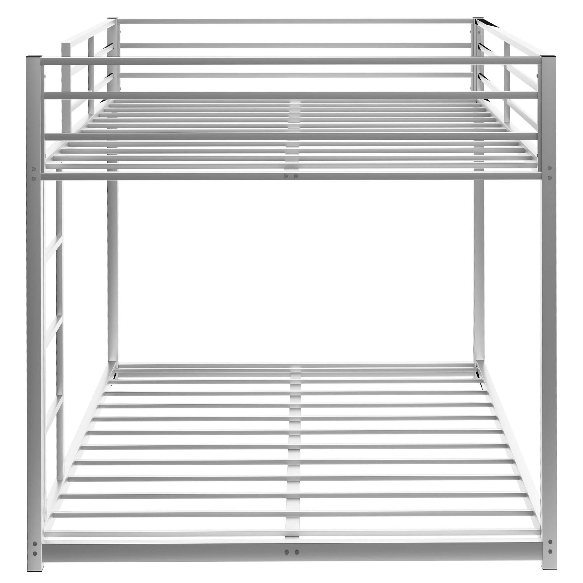 Rhomtree Full Over Full Metal Low Bunk Bed with Ladder - Heavy Duty Space-Saving Bed Frame with Safety Guard Rails for Kids, Teens & Adults - Perfect for Small Bedrooms, Dorms & Guest Rooms (Silver)