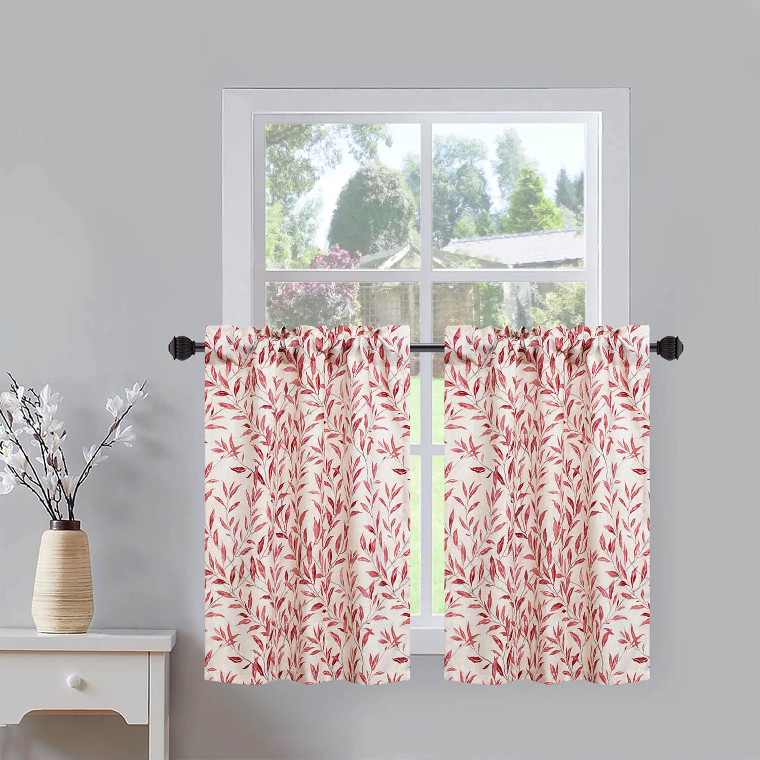 VOGOL 36 Inch Kitchen Curtains Set of 2 - Red Cafe Tier Half Curtains with Rod Pocket for Windows (30x36 Inch) - Perfect for Kitchen, Living Room, Bedroom & Porch Decor