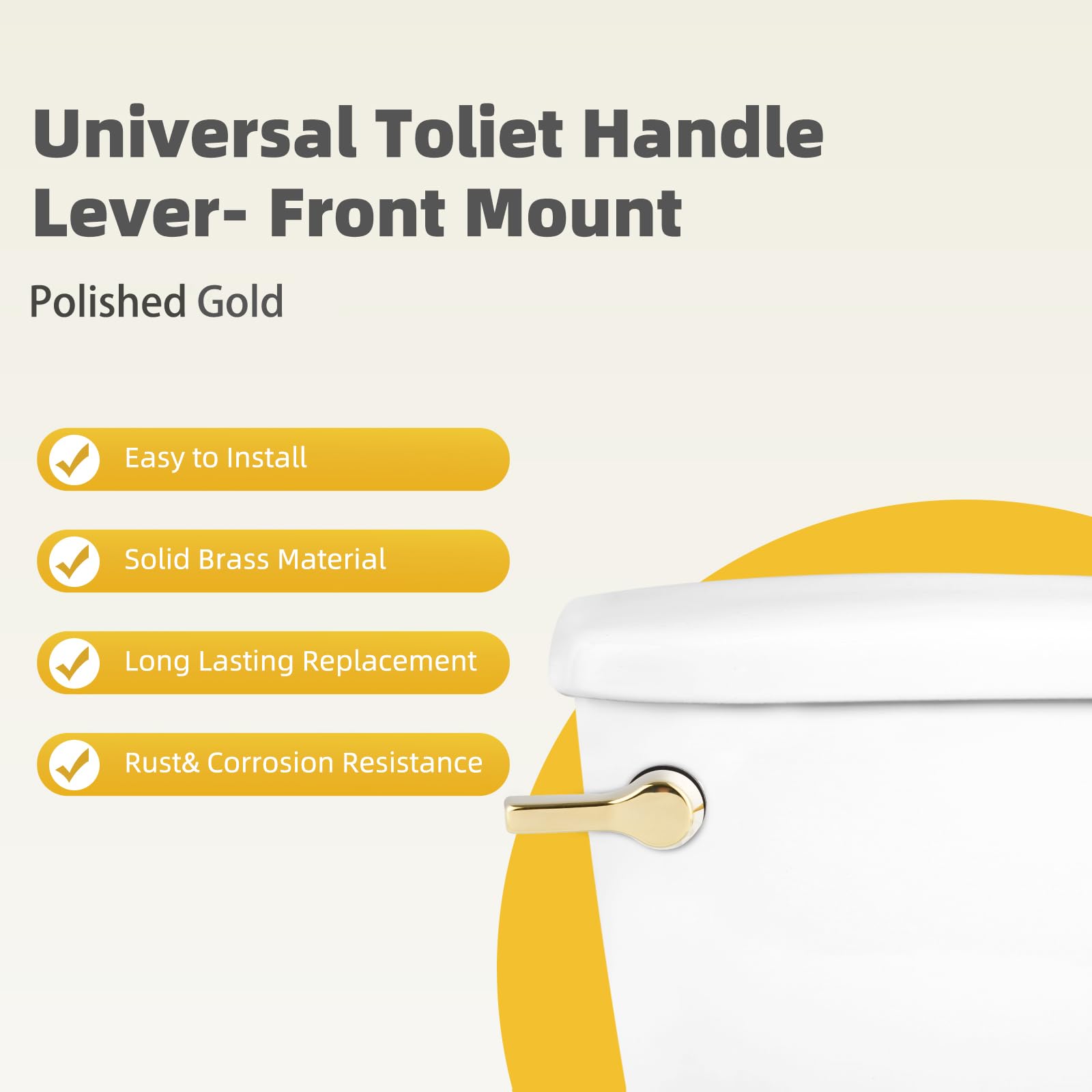 iFealClear Universal Toilet Tank Flush Lever - Polished Gold Front Mount Replacement with 2 Stainless Steel Flapper Chains - Easy Installation Solid Brass - Perfect for Bathroom Renovation & Home Improvement Projects