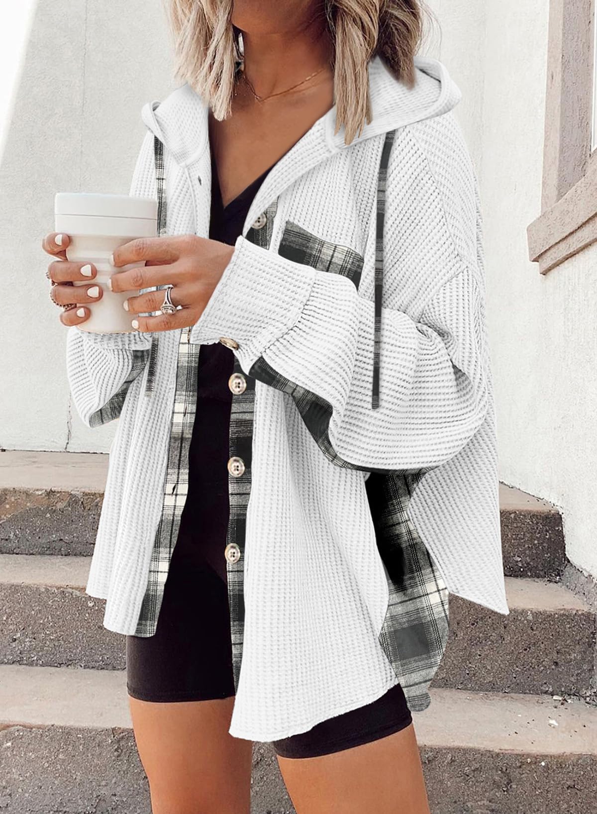 SHEWIN Women's Waffle Knit Plaid Shacket - Oversized Boyfriend Button Down Shirt with Hood, Long Sleeve Loose Fit Top | Casual Fall Outerwear, Layering Piece for Street Style & Cozy Loungewear