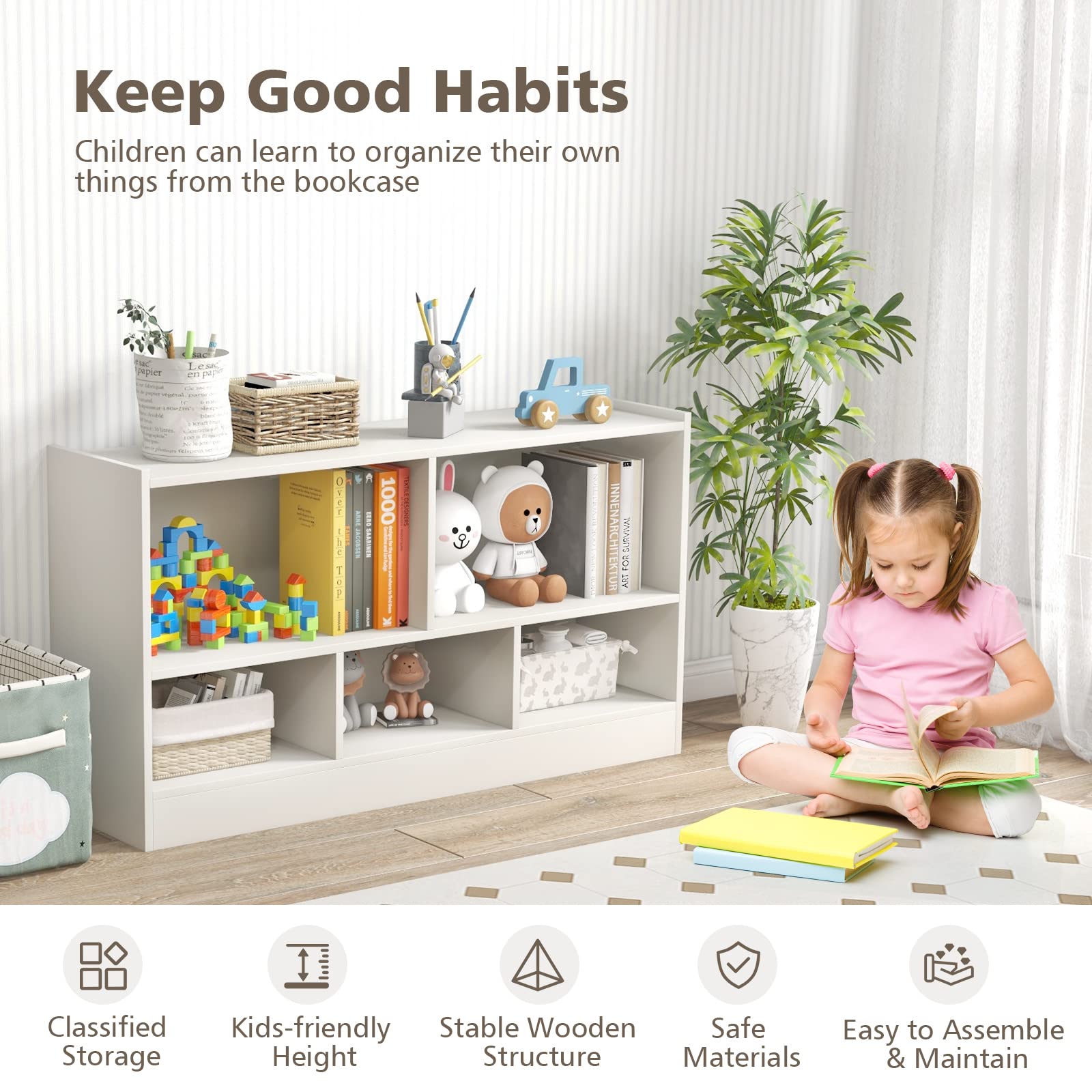 IFANNY 2-Tier Wooden Toy Storage Organizer & Kids Bookshelf - 5 Cube Bookcase for Toys, Books & Storage - White Nursery Shelf for Playroom, Classroom, Bedroom - Perfect for Organizing Kids' Toys, Books & Learning Supplies