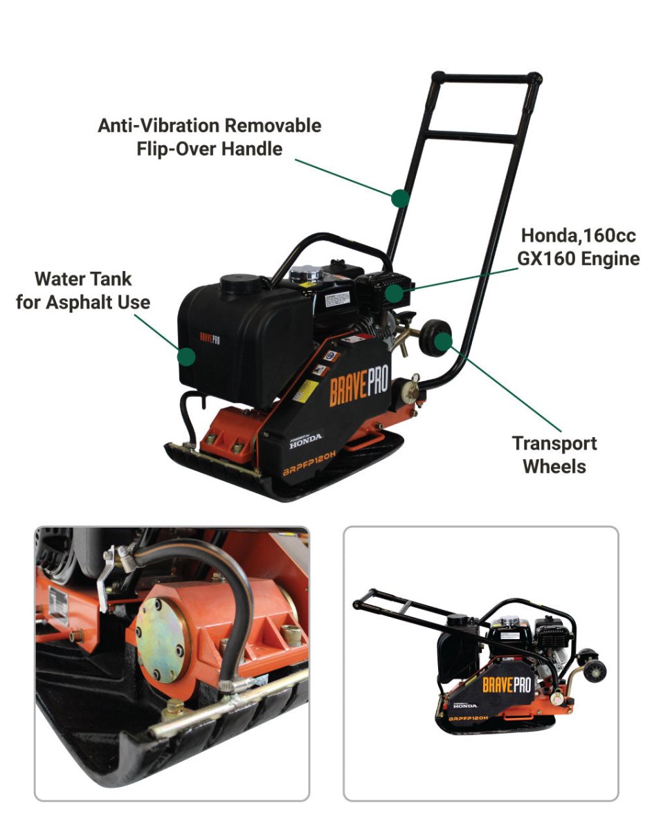 Brave Forward Plate Compactor 14-inch with Tank & Wheel Kit | Honda GX160 Engine | Ideal for Soil Compaction, Landscaping & Construction Projects