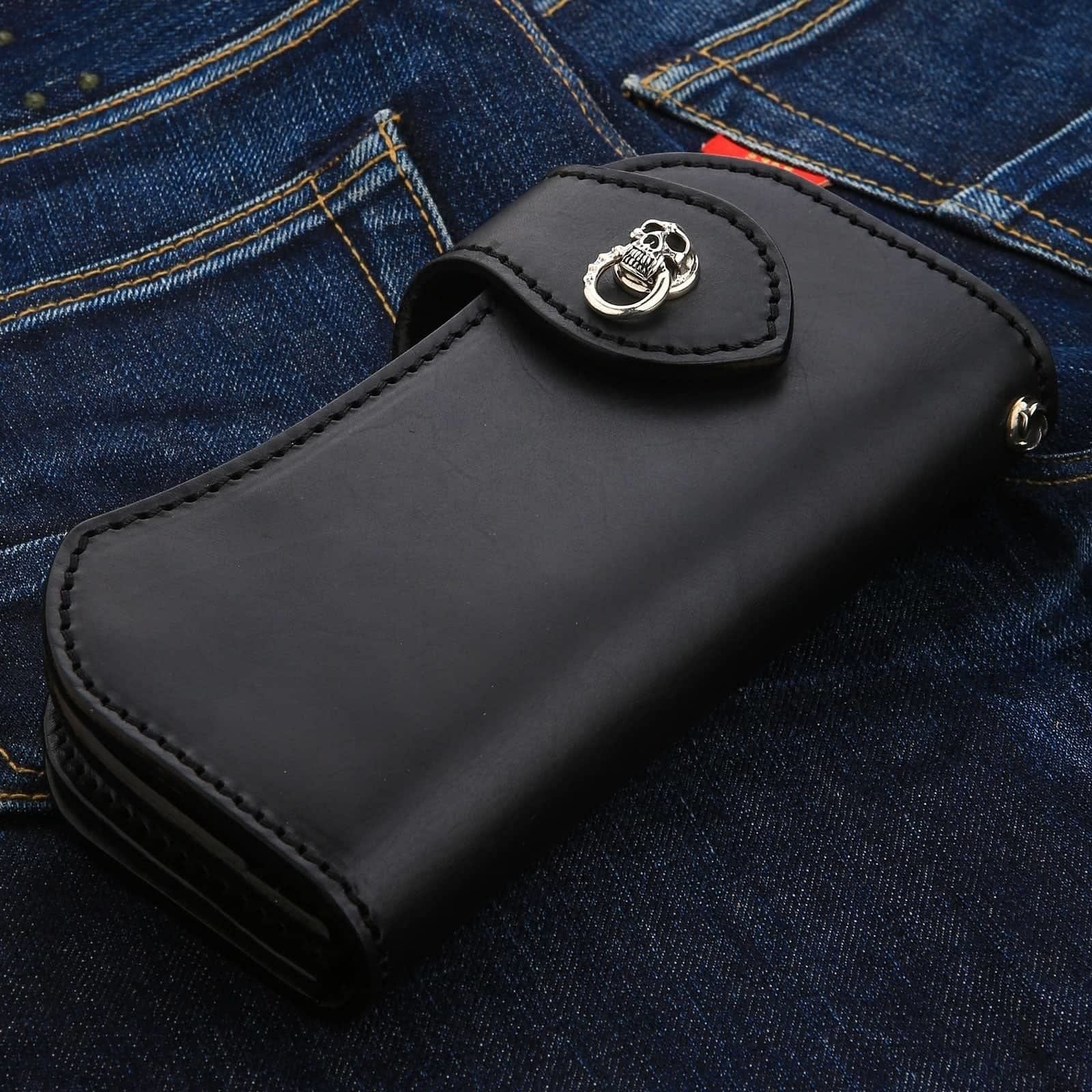 Skull Silver Cowhide Leather Biker Wallet for Men - Premium RFID Blocking Motorcycle Wallet with Chain - Perfect for Bikers, Riders & Travelers