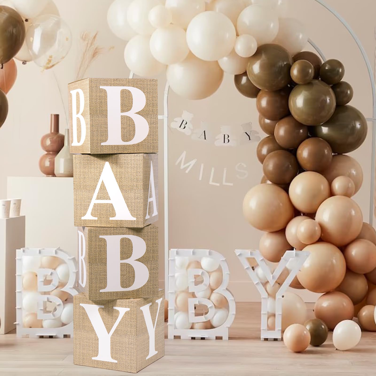 4pcs Baby Shower Balloon Boxes with Printed Letters - Gender Reveal, Birthday & Wedding Decorations (Burlap) | Perfect for Baby Showers, Gender Reveal Parties & Nursery Decor