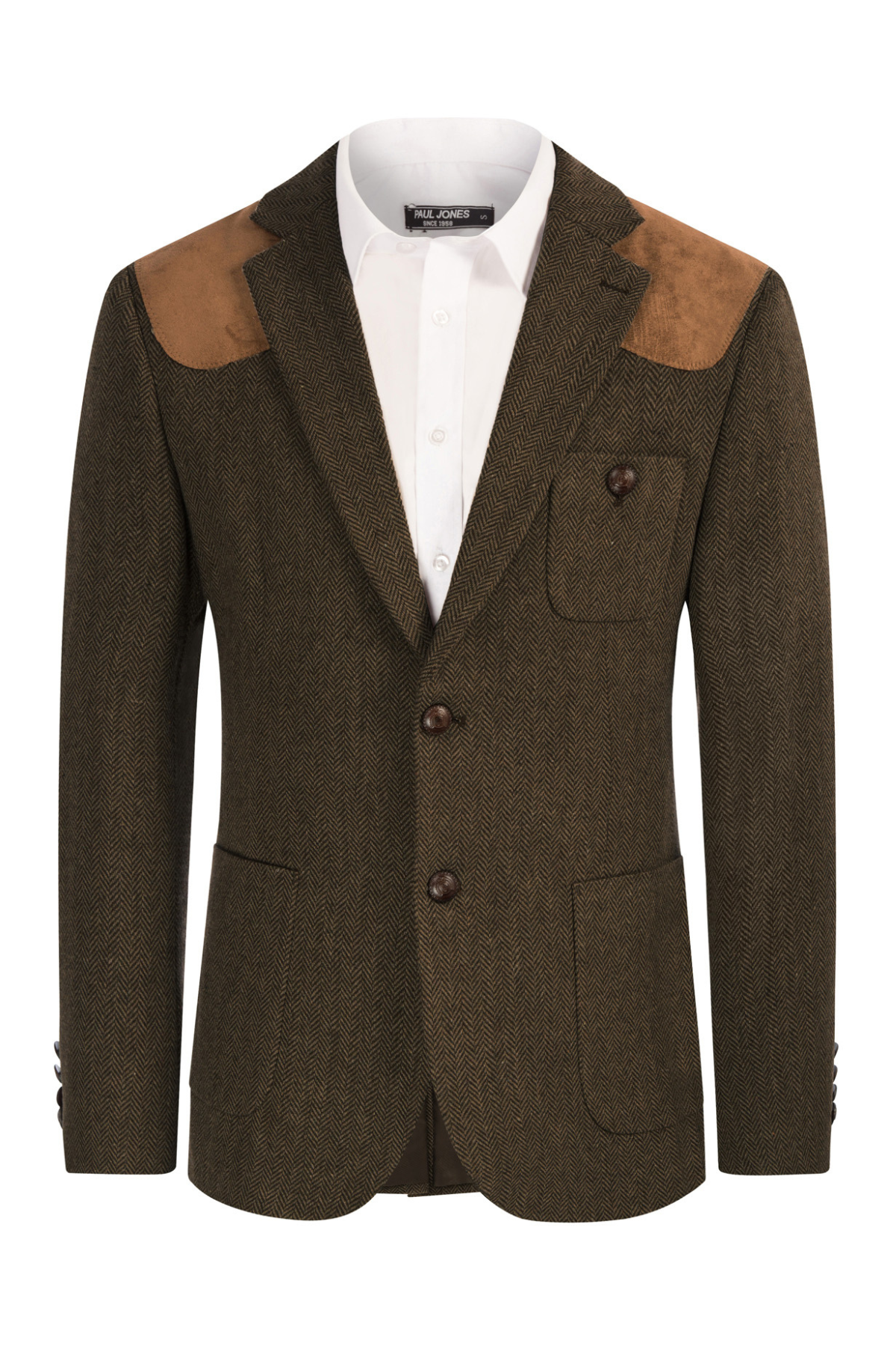 PJ Paul Jones Men's British Wool Blend Suit - 2 Button Blazer Jacket with Patchwork Tweed Design | Formal Business Attire & Wedding Outfit