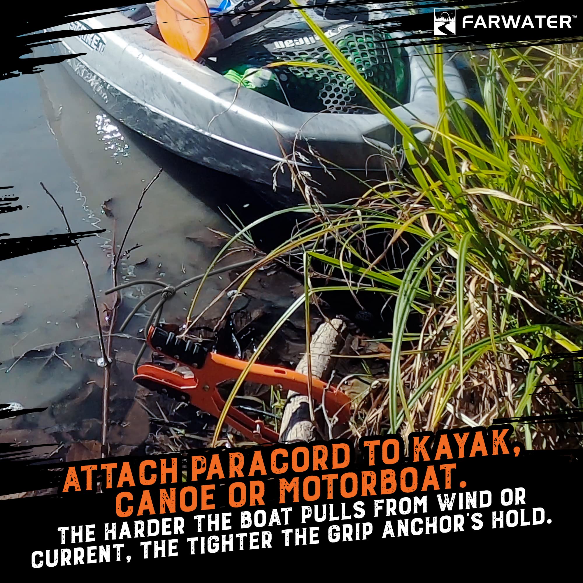 Heavy Duty Canoe Anchor Grip - Premium Boat, Kayak & Float Tube Fishing Accessories - Brush Clamp Anchor with Teeth - 15ft Paracord & Rubber Grips - Coated Steel for Durability - Perfect for Kayaking, Canoeing & Fishing in Lakes, Rivers & Coastal Waters