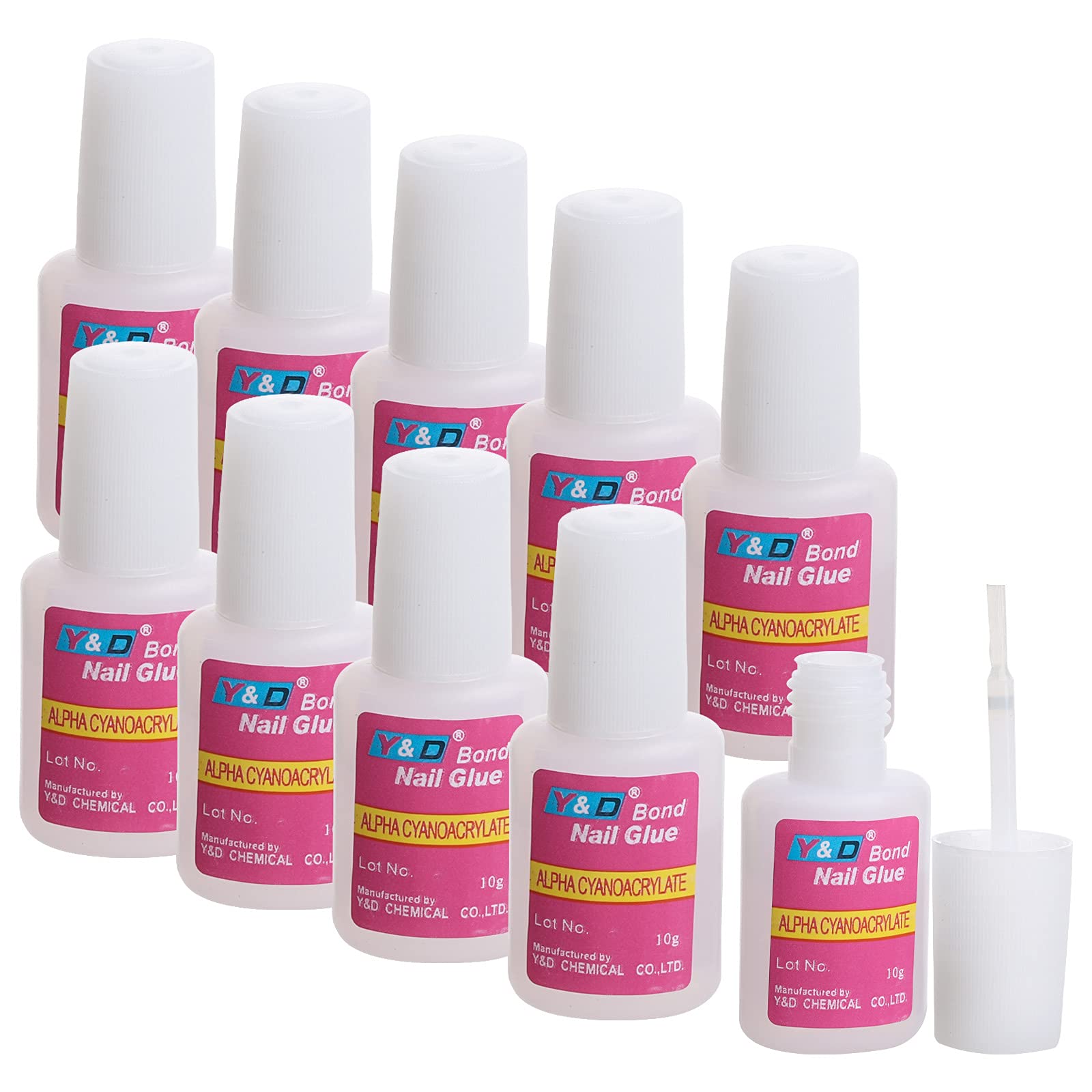 10PCS Brush-On Nail Glue for Acrylic Nail Tips - Long Lasting Super Strong Adhesive (10g Each) - Perfect for Salon, DIY Manicures & Nail Extensions at Home