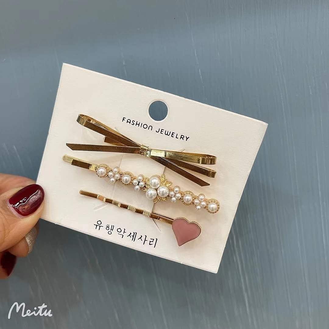 KHODIYAR Geometric Hollow Metal Hair Clips for Women - Korean Style Pearl Barrettes & Hairpins (3-Pack) - Perfect for Weddings, Parties & Everyday Styling