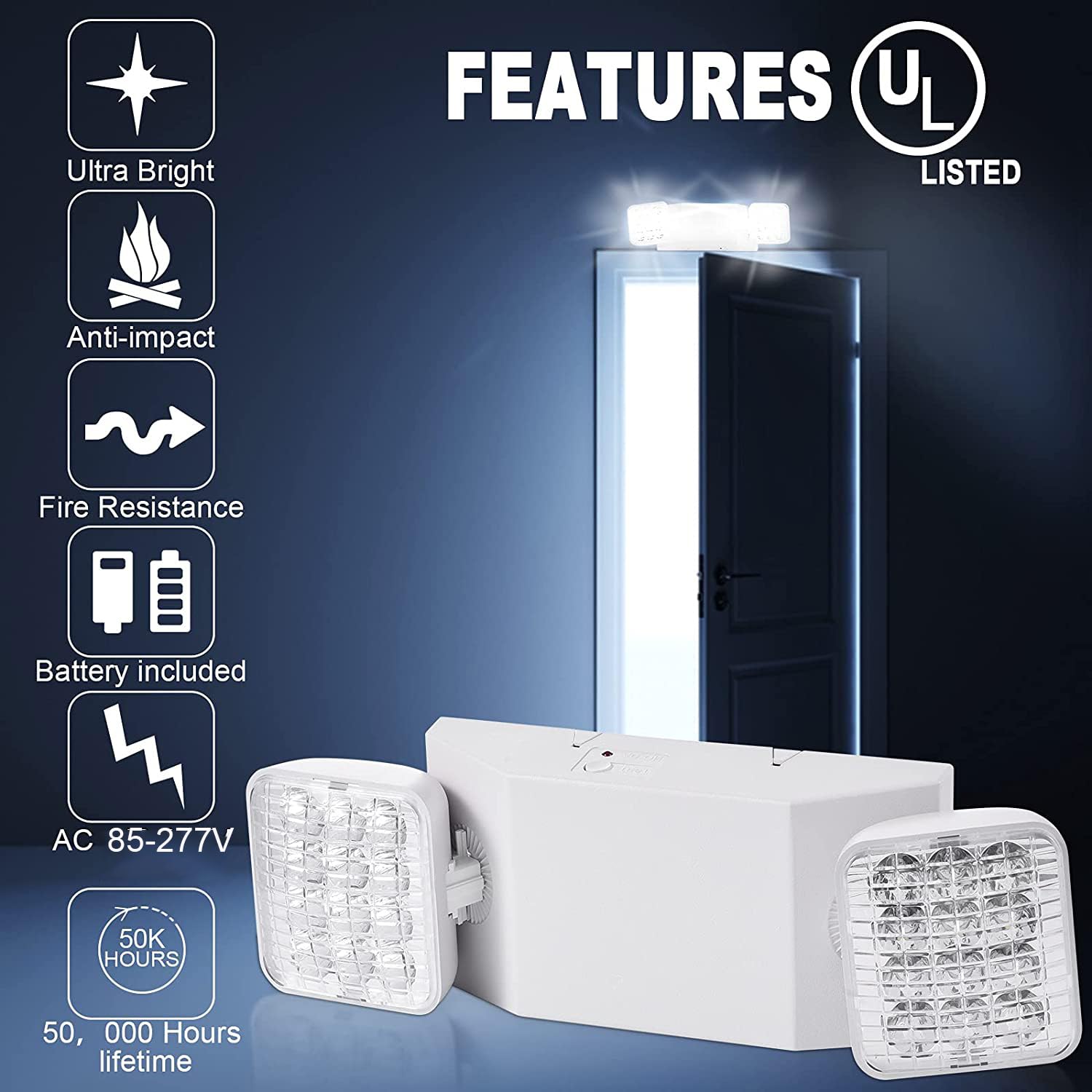 6 Pack LED Emergency Light Fixture - Commercial Battery Backup Square 2 Head Adjustable Emergency Lighting for Power Outages - AC 110V-277V - Ideal for Offices, Warehouses & Emergency Exit Signs