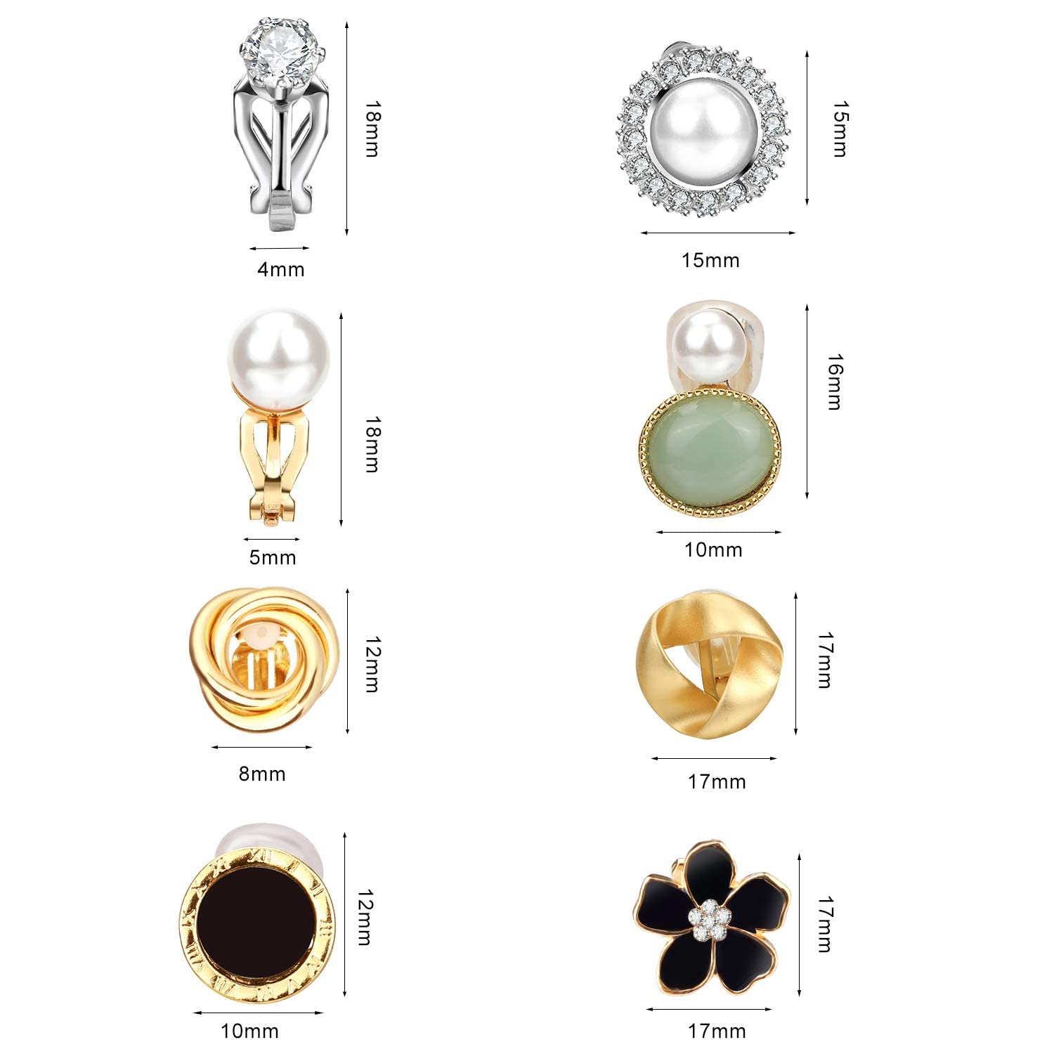 8 Pairs Clip On Earrings for Women - Non Pierced Rose Flower CZ Pearl Twist Knot Jewelry Set | Hypoallergenic Fashion Earrings for Parties, Weddings & Daily Wear