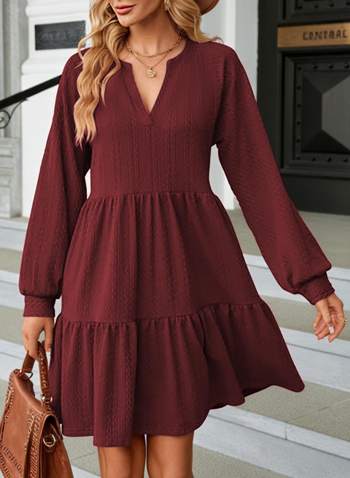 Dokotoo Women's Long Sleeve V-Neck Tiered Ruffle A-Line Mini Dress - Textured Casual Babydoll Swing Dress for Party, Date Night & Spring Outfits