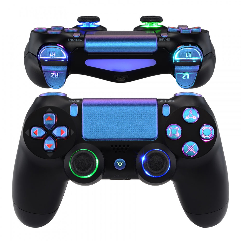 eXtremeRate Multi-Color LED Illuminated Buttons DTFS Kit for PS4 CUH-ZCT2 Controller - Chameleon Purple & Blue - Enhance Gaming Experience with Custom Lighting