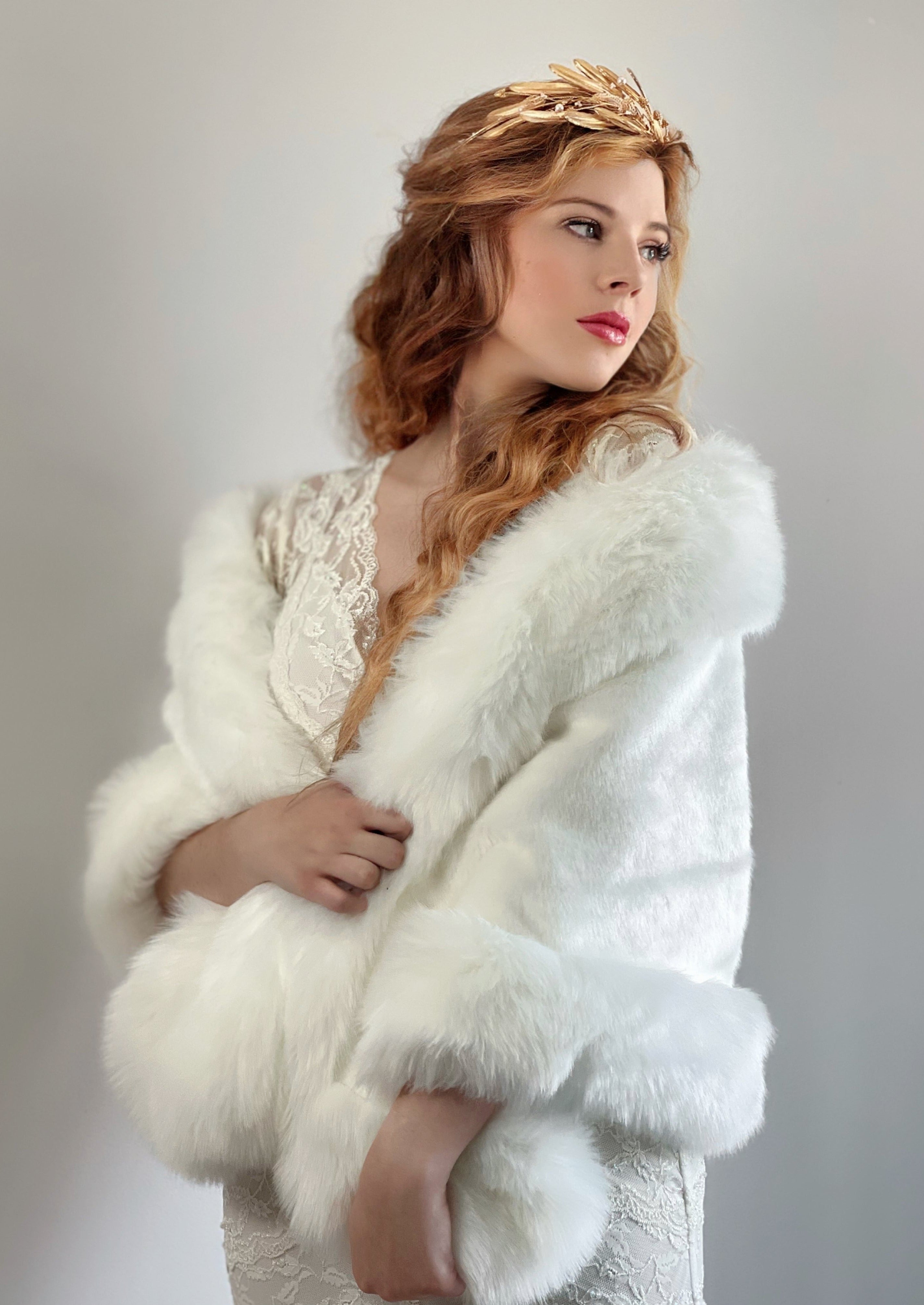 Ivory White Bridal Fur Shawl with Butterfly Embroidery - Elegant Wedding Shawl for Brides, Winter Weddings & Formal Events