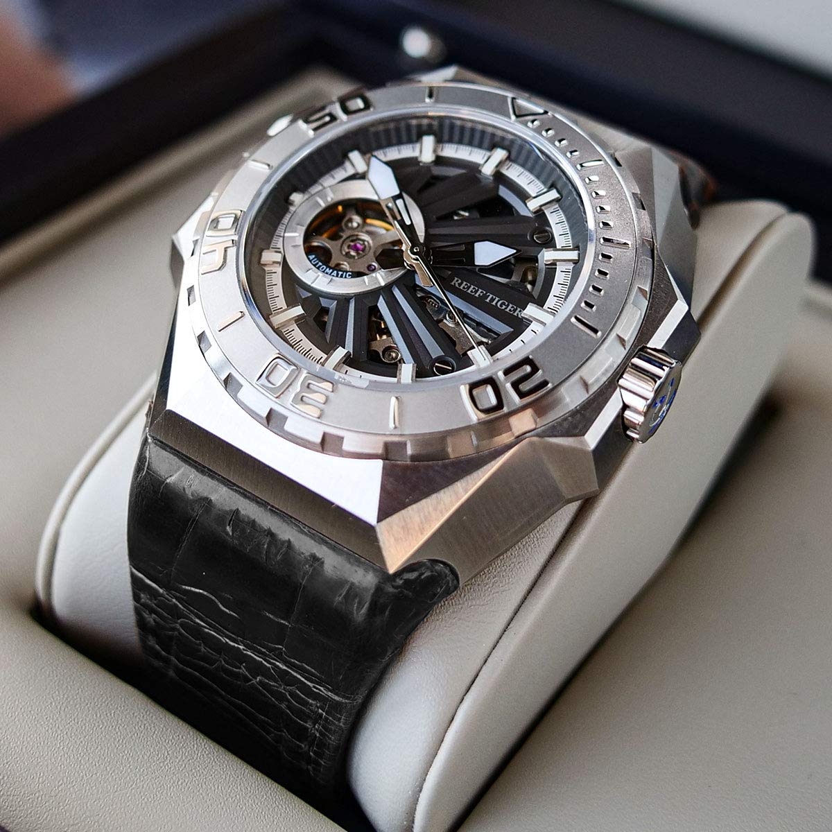 REEF TIGER Men's Skeleton Automatic Dive Watch - Military Style Mechanical Watch with Leather Strap RGA6903-S - Perfect for Scuba Diving, Outdoor Adventures & Casual Wear