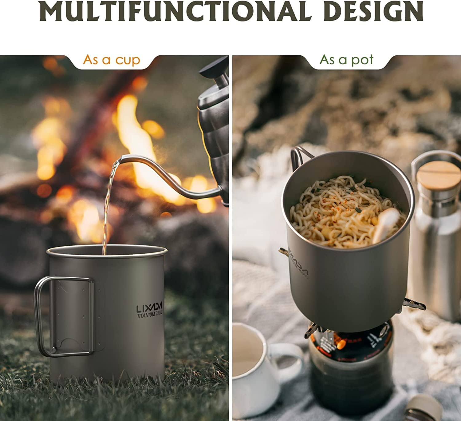 Lixada Titanium Camping Pot - Lightweight Backpacking Cookware with Foldable Handles, Durable Titanium Cup for Outdoor Adventures, Hiking & Camping - Perfect for Backpacking, Camp Cooking & Wilderness Survival