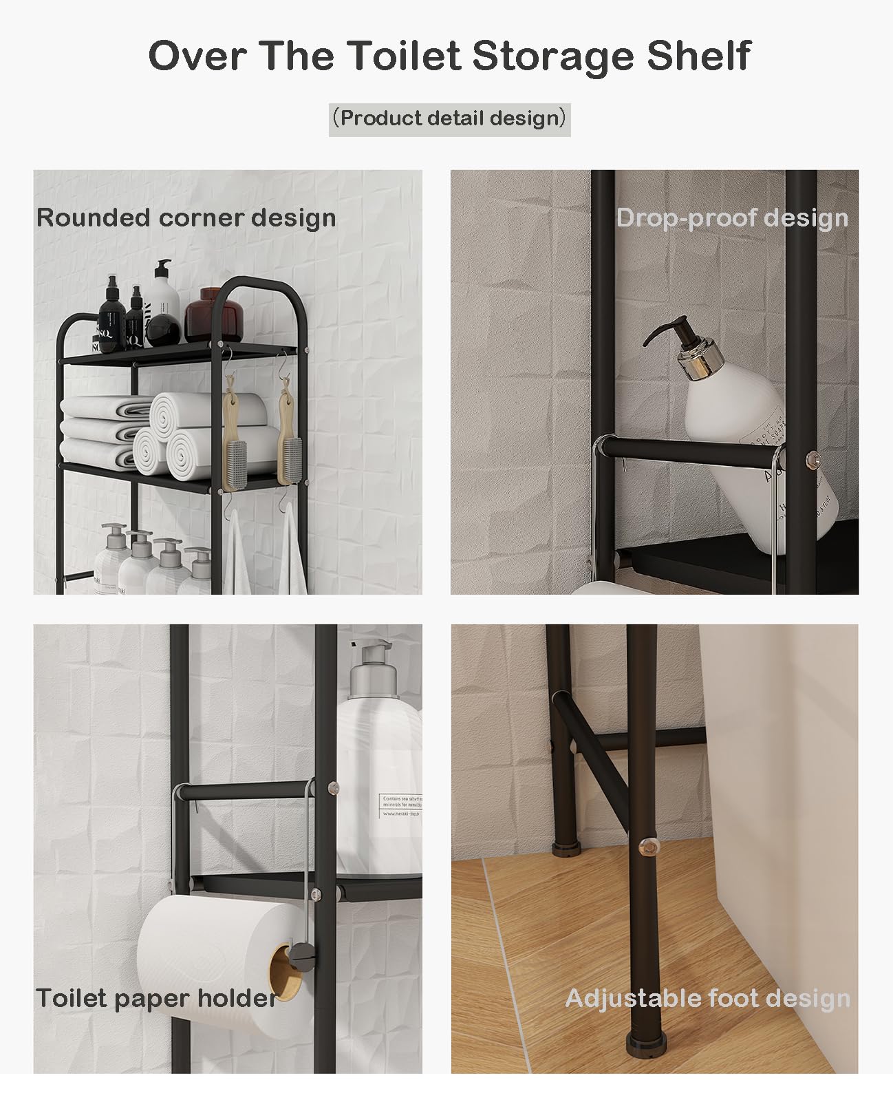 3-Tier Over The Toilet Storage Shelf - Adjustable Height Bathroom Organizer with Paper Holder & 4 Hooks | Space-Saving Metal Rack for Towels,Toiletries & Decor | Perfect for Small Bathrooms,Apartment Living & Guest Bath Organization
