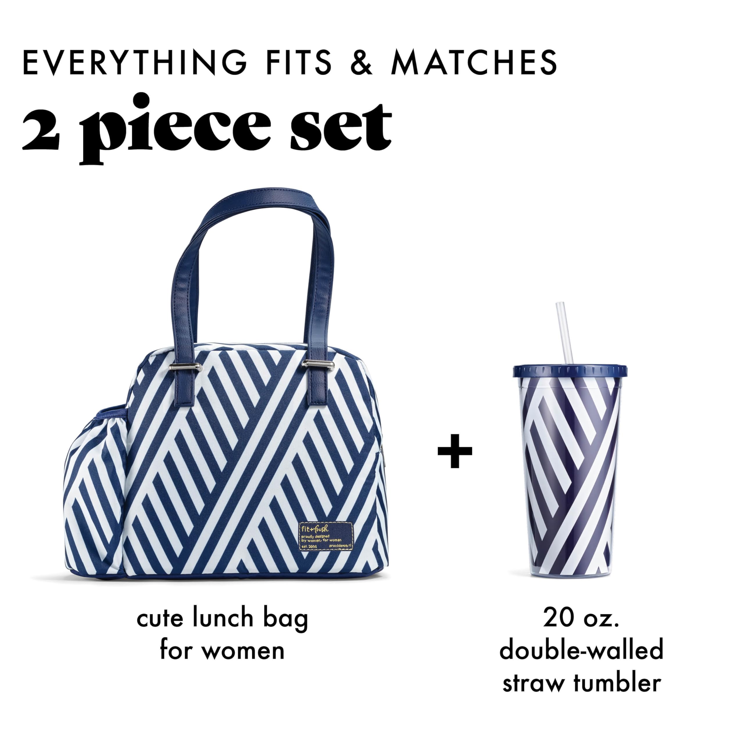 Fit & Fresh Insulated Lunch Bag for Women - Leakproof & Stain-Resistant Large Lunch Box with Bottle Pocket, Zipper Closure - Perfect for Work, Office & School (Navy Stripe, Includes Tumbler)
