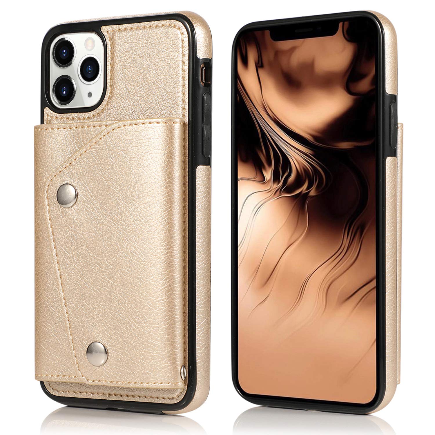 Premium PU Leather Wallet Case for iPhone 11 Pro Max - Card Holder with Neck Strap & Wrist Strap | Slim Protective Cover with Credit Card Slots | Perfect for Travel, Shopping & Everyday Use (Gold)
