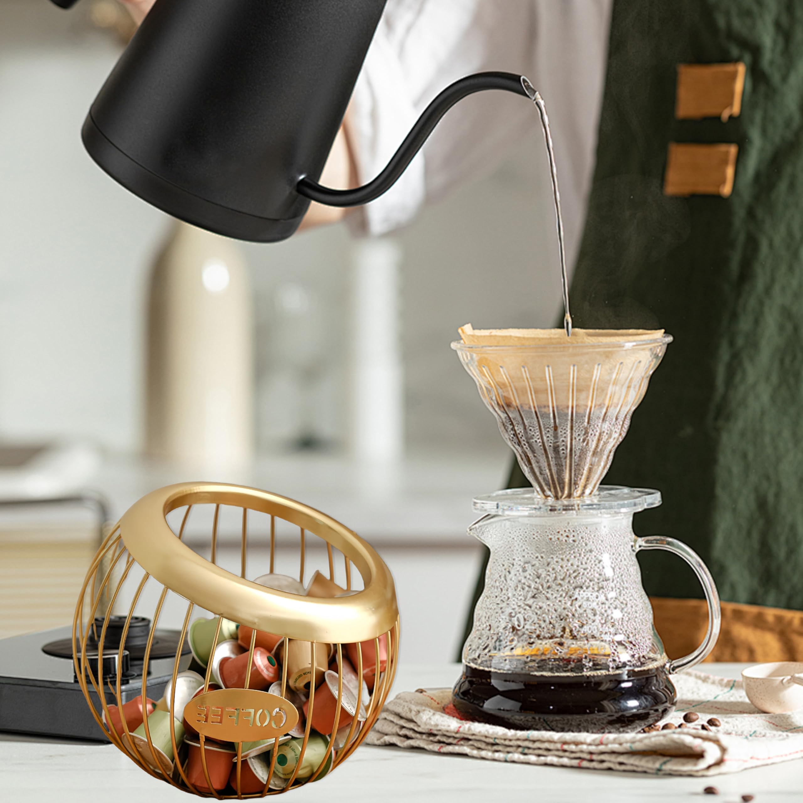 Premium Metal Coffee Pod Holder - Large Capacity Storage Basket for Nespresso & Keurig Pods | Coffee Bar & Espresso Station Organizer | Countertop Accessory for Home & Office (Gold)