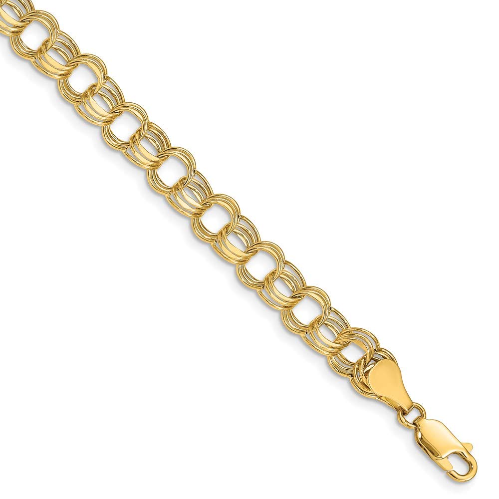 14K Yellow Gold 7mm Triple Link Charm Pendant Bracelet - 7.25 Inch Adjustable Chain - Dainty Minimalist Jewelry for Women - Perfect for Everyday Wear, Gifts & Special Occasions
