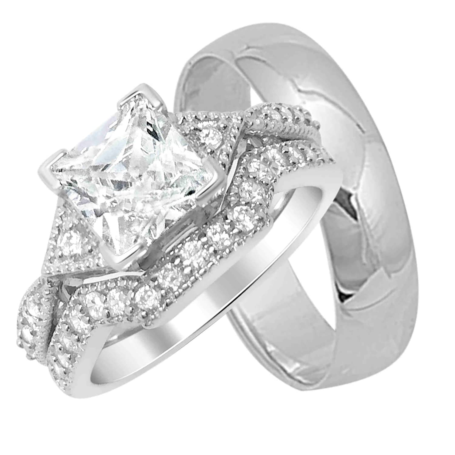 Sterling Silver His & Hers Matching 3-Piece Wedding Band Ring Set for Couples - Perfect for Anniversaries, Engagements & Romantic Gifts