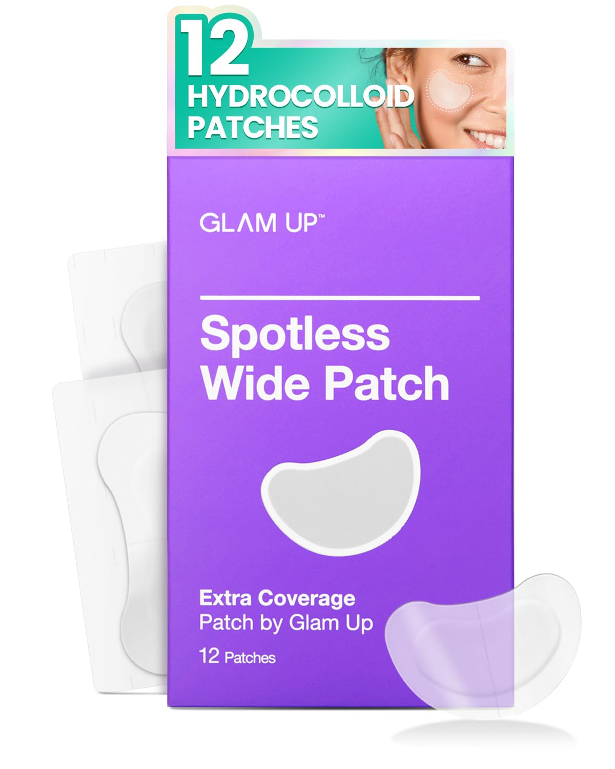 GLAM UP Spotless Patch - Hydrocolloid Acne Patches for Face, Cheek & Body, Blackhead Treatment, Vegan & Cruelty-Free (12 Count) - Perfect for Overnight Acne Care & Skin Healing