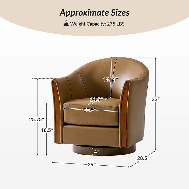 Clara Genuine Leather Swivel Barrel Chair with Solid Wood Base - Stylish Home Office & Living Room Accent Chair for Comfortable Seating