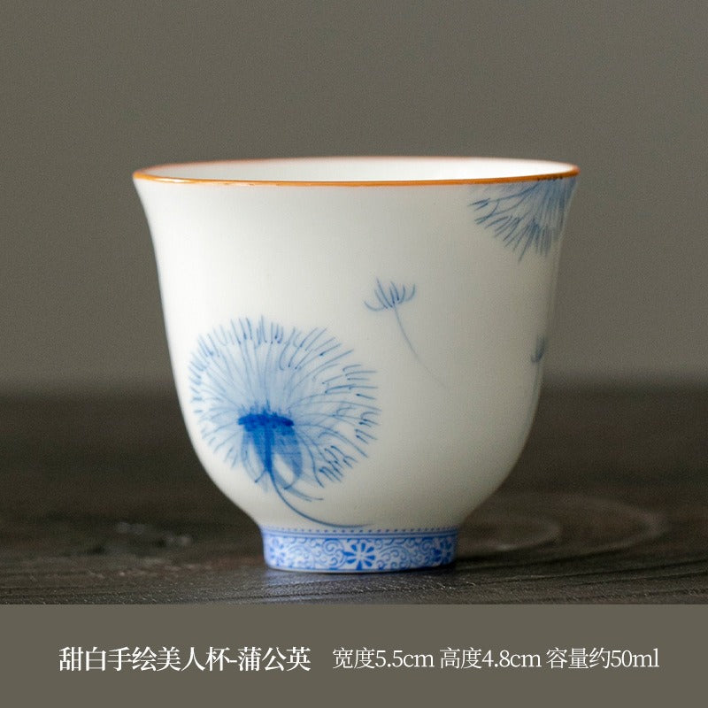 Hand-Painted 50ml White Porcelain Tasting Cups - Floral Fairy Design, Dehua Ceramic Tea Cups for Tea Ceremony, Chinese Gongfu Tea, and Home Decor