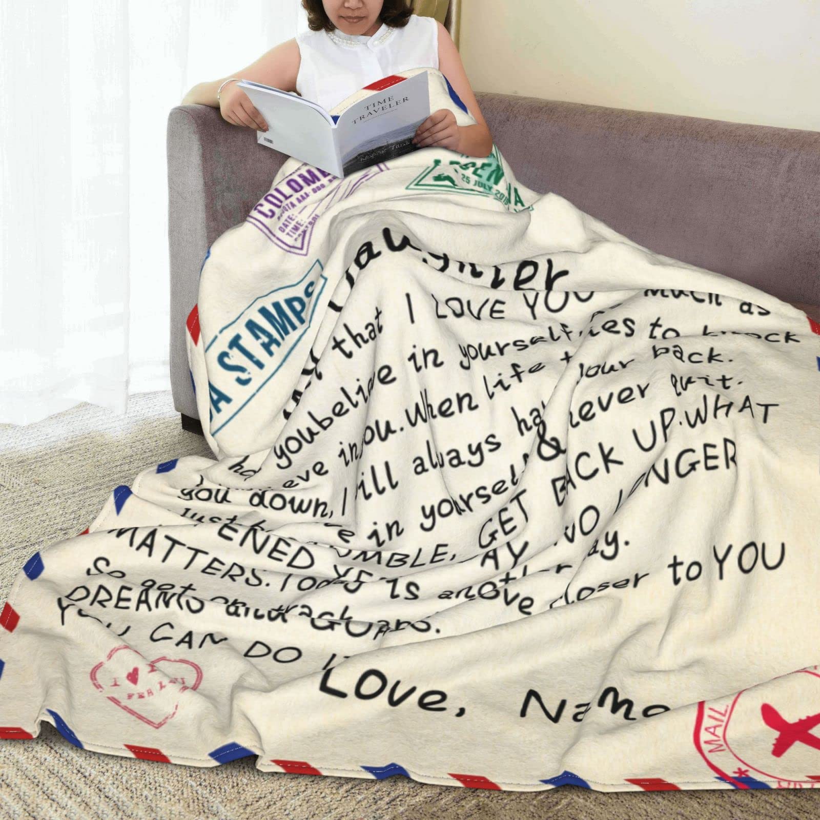 Personalized Custom Name Blanket - Love Letter to My Daughter from Dad & Mom - Air Mail Design - 50x60 Inches Soft Fleece Throw - Perfect for Gifts, Nursery Decor, and Cozy Family Moments