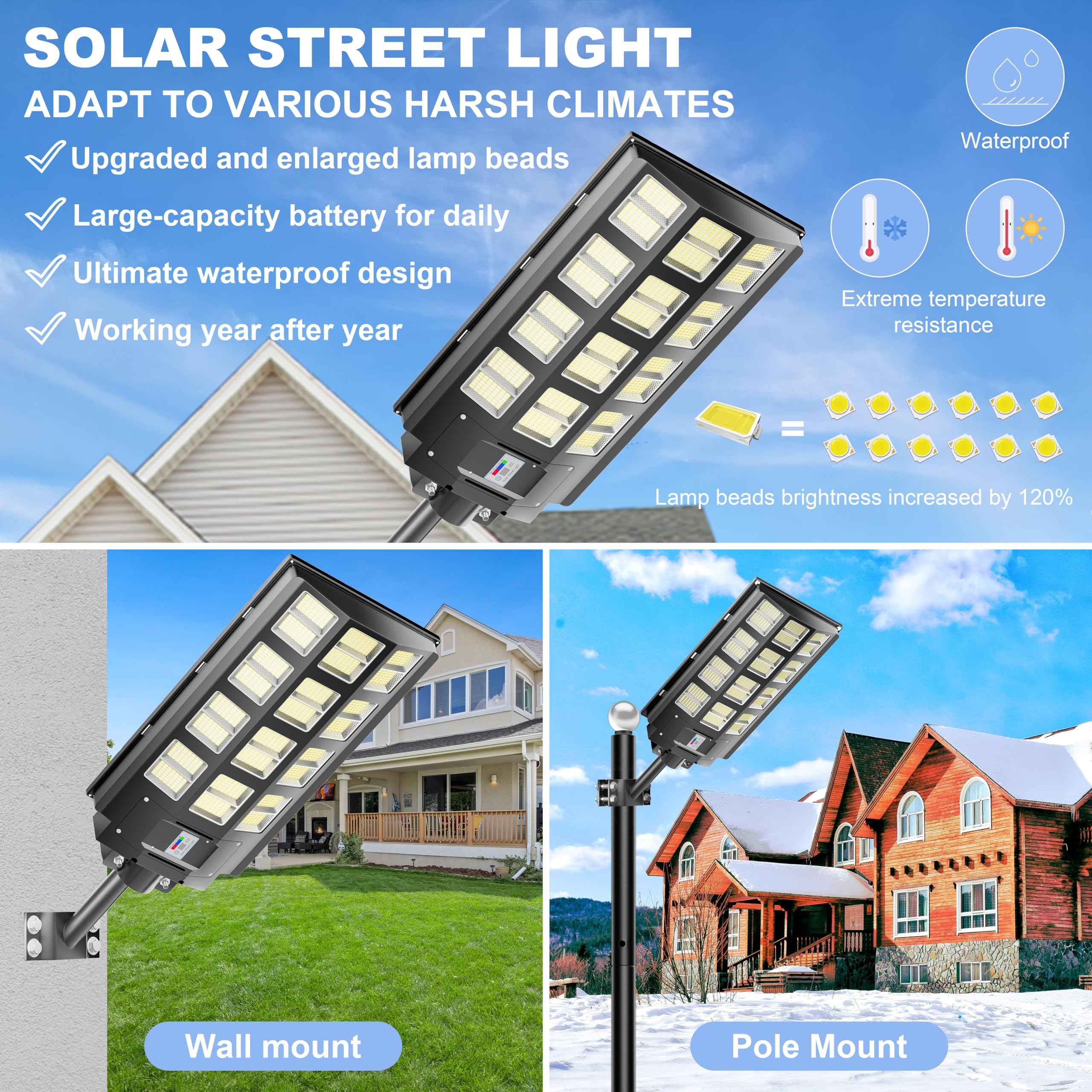 3200W Solar Street Lights Outdoor - 240,000 Lumens Waterproof IP66 with Remote Control & Motion Sensor - Dusk to Dawn Solar Flood Lights for Garden, Yard, Pathway, Parking Lot (2-Pack) - Perfect for Home Security & Energy-Efficient Outdoor Lighting
