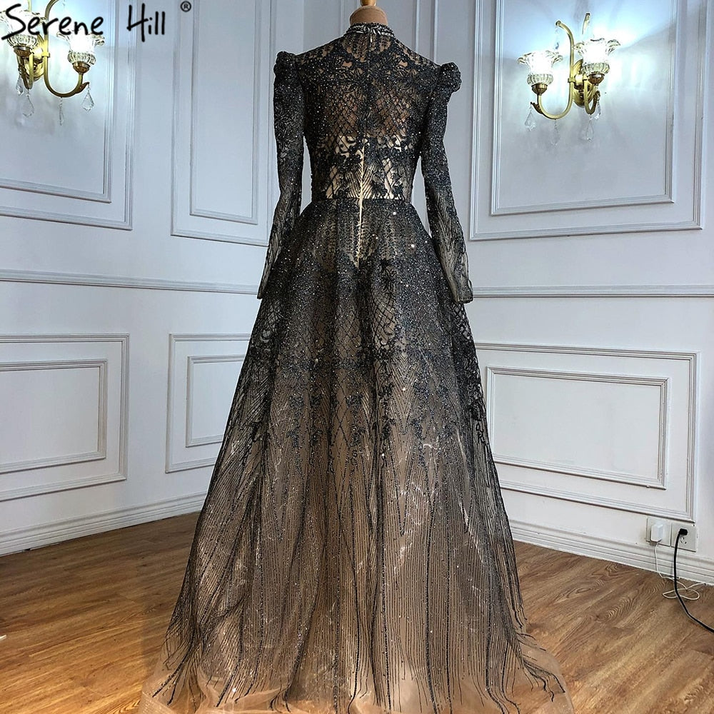 Serene Hill Muslim Grey Luxury A-Line Evening Dress Gown with Beading for Women - Wedding, Party, Prom, Formal Events - LA71126