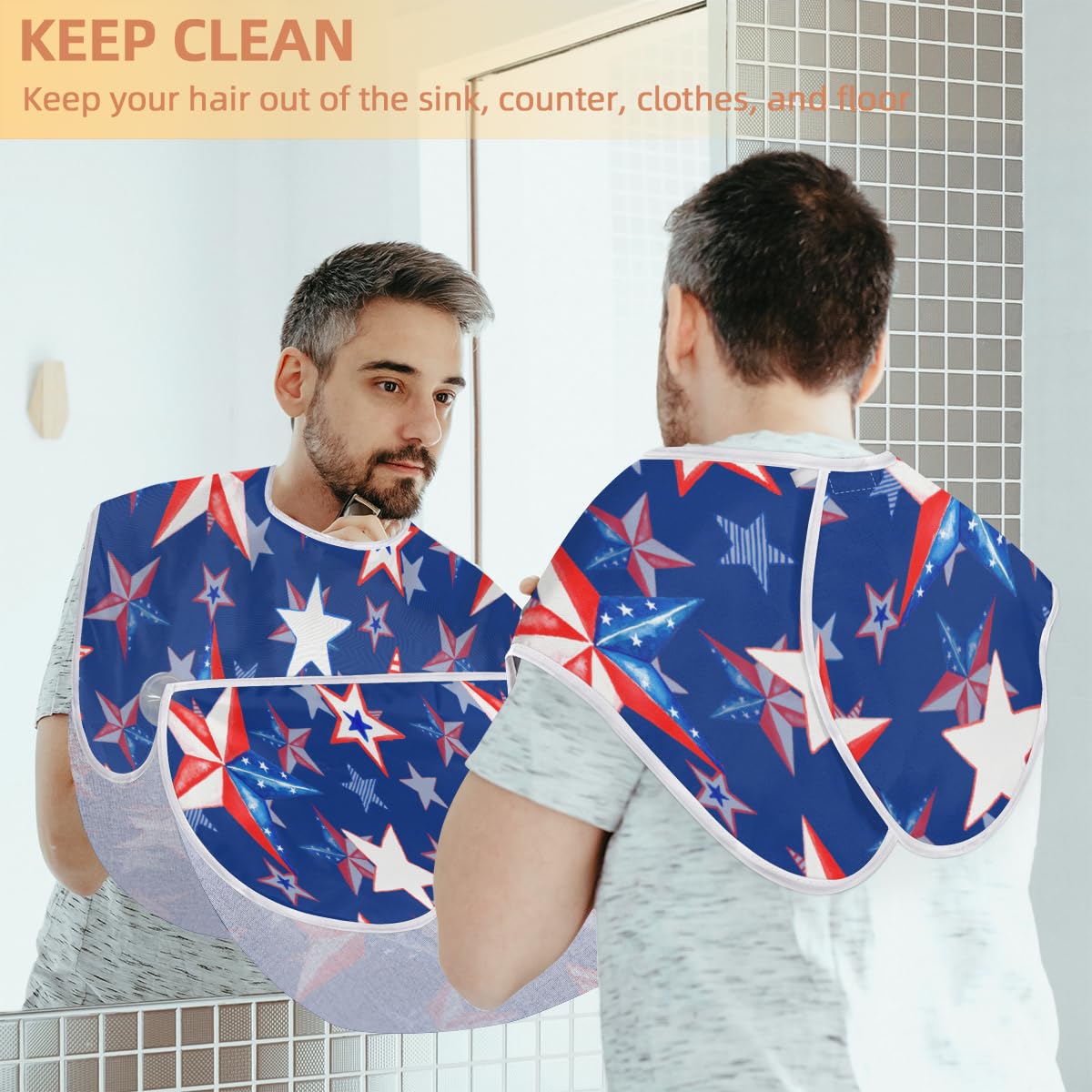 Waterproof Memorial Day Stars Beard Bib for Men - Non-Stick Shaving Apron with Suction Cups, Grooming Cape & Hair Catcher - Perfect Gift for Husband, Dad | Ideal for Home Barbering, DIY Grooming & Special Occasions