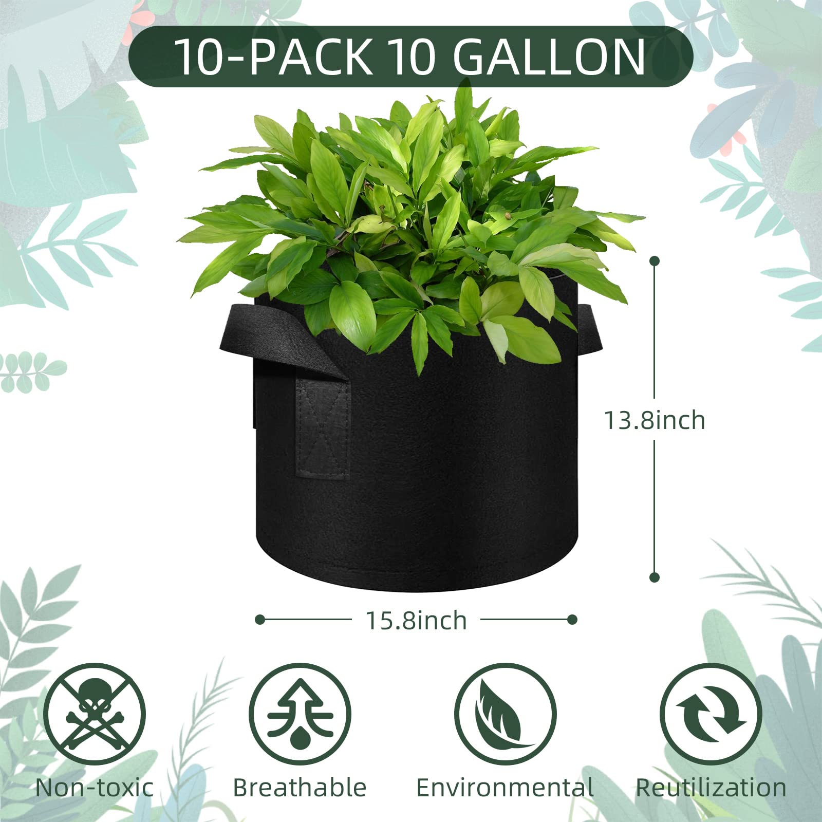 10 Pack 10 Gallon Heavy Duty Grow Bags - Thickened Nonwoven Fabric Plant Pots with Handles for Vegetables, Flowers, Fruits & Plants (Black) - Perfect for Indoor/Outdoor Gardening, Urban Farming & Container Planting