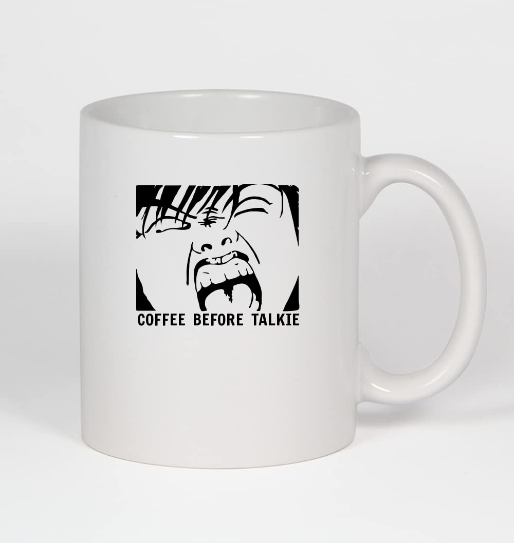 Funny Anime Coffee Mug - 11oz Ceramic White Cup with 'Coffee Before Talkie' Print - Perfect for Anime Fans, Office Use & Gift Giving