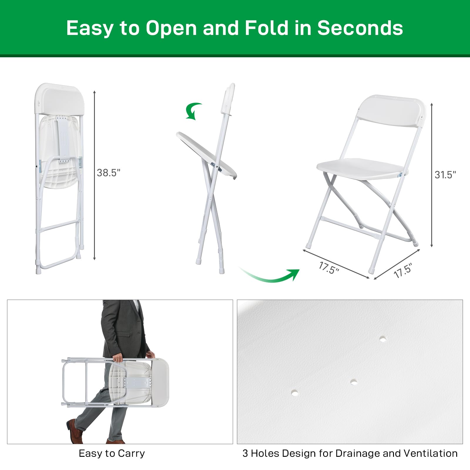 20 Pack White Plastic Folding Chairs - Heavy Duty Stackable Chairs with Steel Frame (350lb Capacity) for Indoor Outdoor Use - Perfect for Home, Office, Wedding, Party, Events & Commercial Spaces