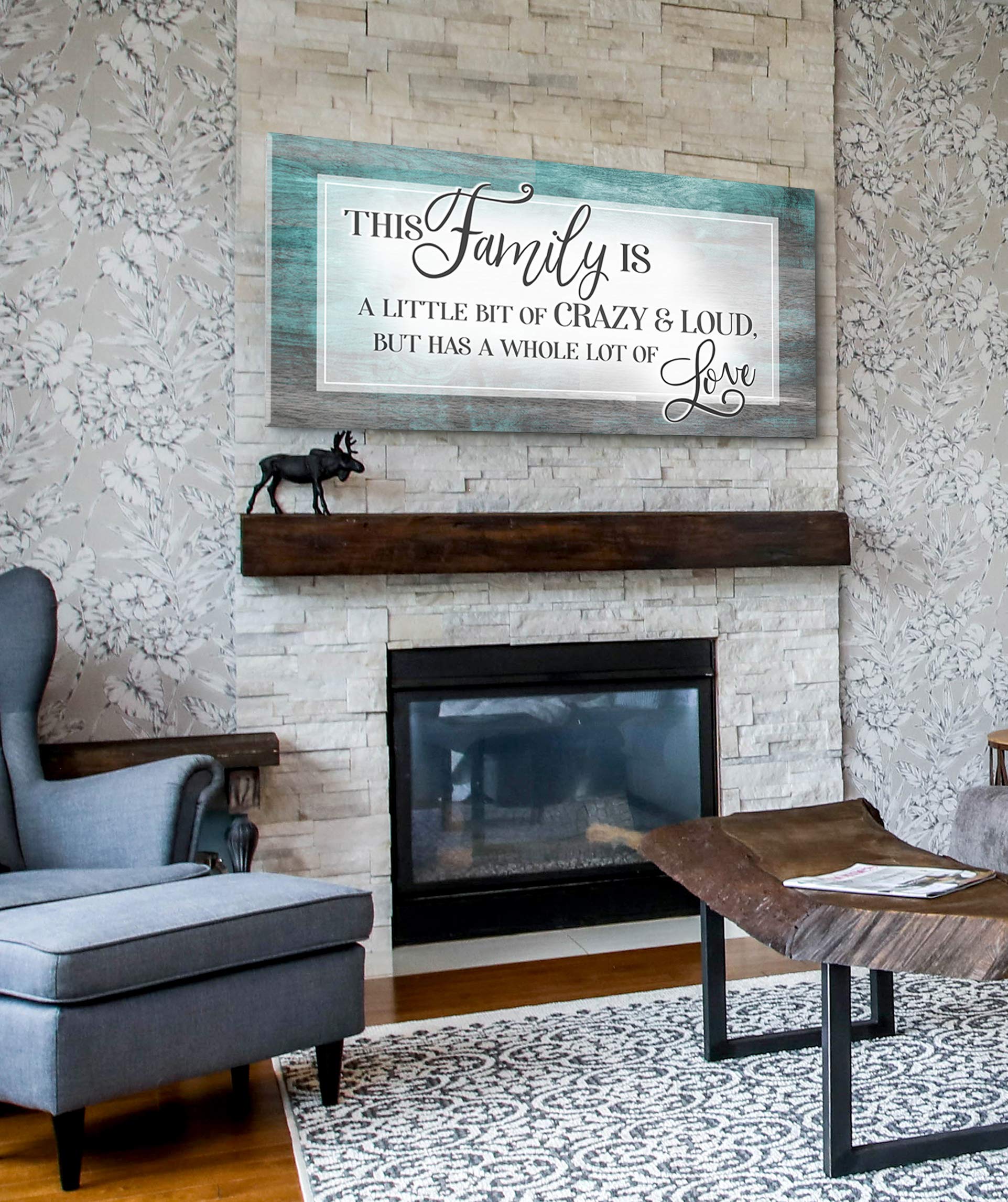 Family Sign Wall Art - Large Canvas Home Decor for Living Room & Farmhouse - 'This Family Is A Little Bit Crazy' Teal Print (42x19 Inches) | Perfect for Housewarming Gifts & Rustic Interior Design