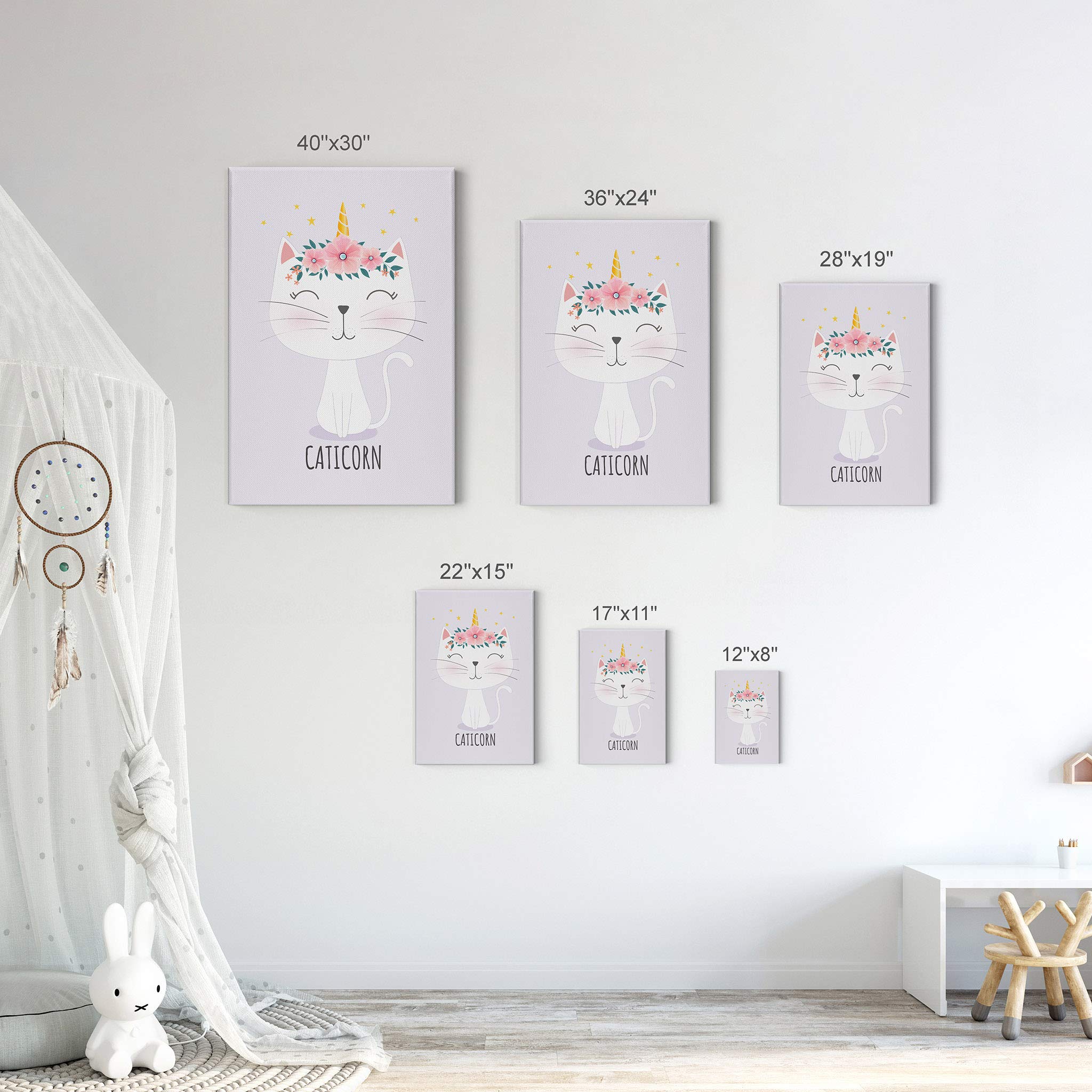 Cute Caticorn Unicorn Canvas Wall Art - Purple Background, Ready to Hang, 40x30 Inches - Perfect for Kids Room Decor, Nursery, Baby Room & Unicorn Gifts | Made in USA