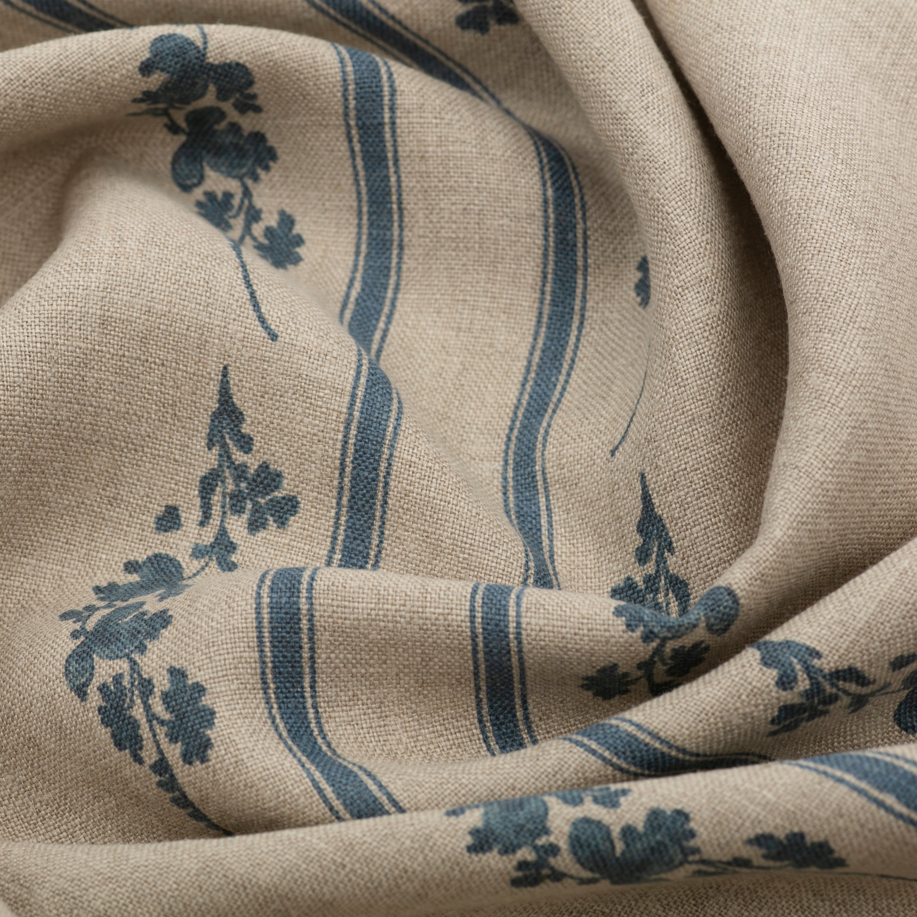 Premium Trifolium Marchprint Linen Fabric - Midnight Blue on Natural Samples for DIY Crafts, Home Decor & Upholstery Projects