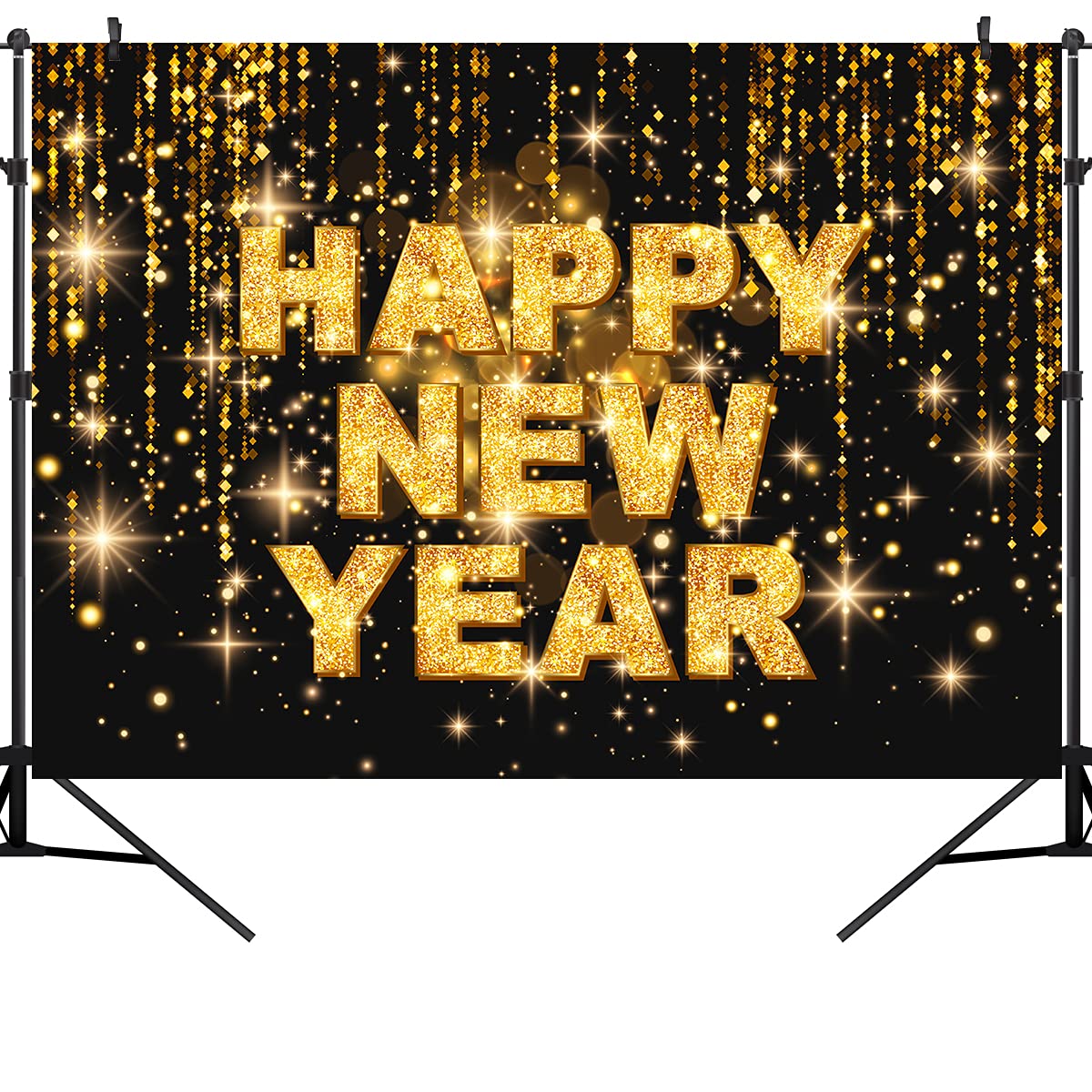 Black and Gold Happy New Year Backdrop - 7x5FT Photography Background for New Year's Eve Party, Birthday, Christmas Decorations - Photo Booth Props & Family Banner (PCK149) | Perfect for Home Celebrations, Office Parties & Social Media Photos
