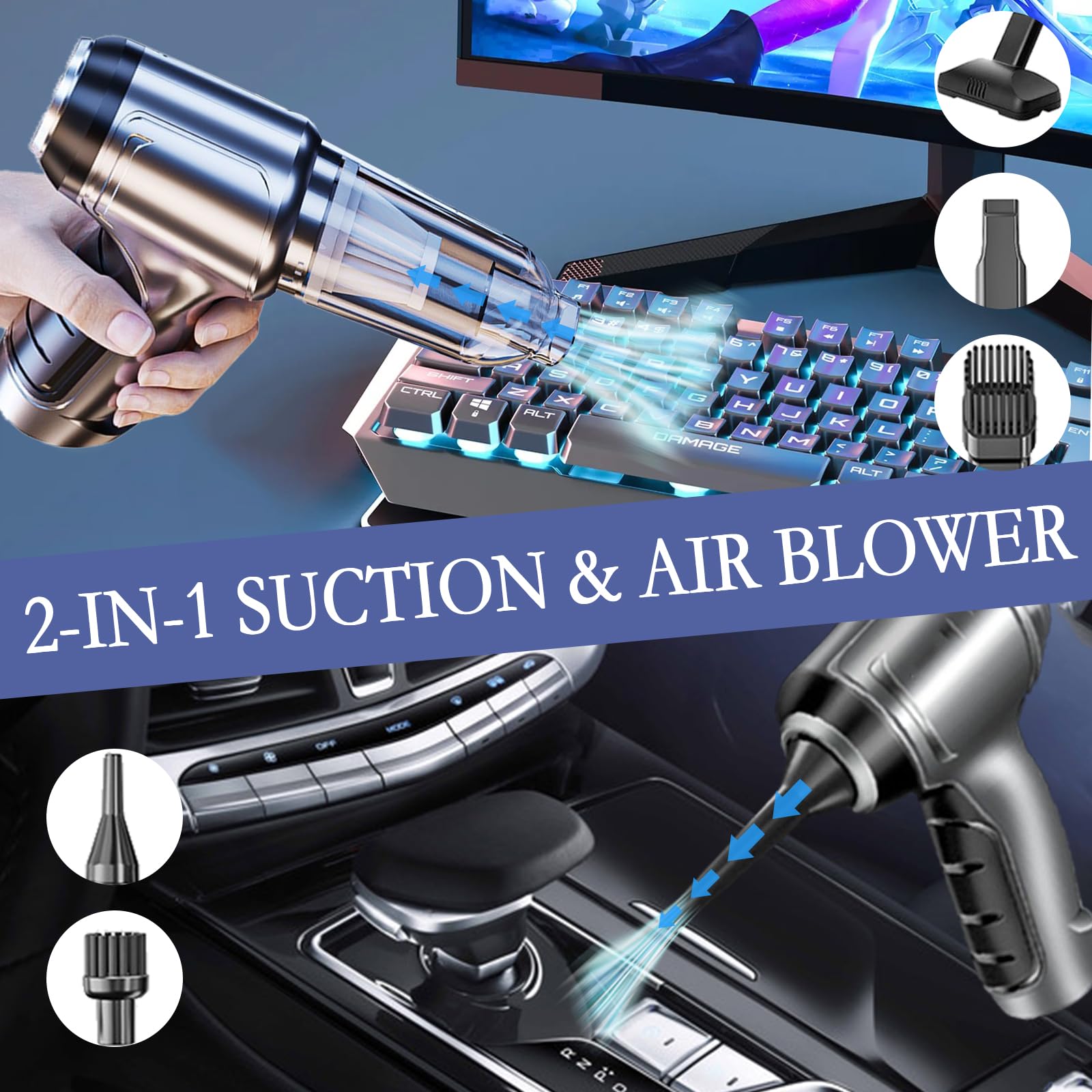 15000PA High Power Cordless Car Vacuum Cleaner - USB-C Rechargeable 3-in-1 Handheld Vacuum with Brushless Motor, 2 Speed Settings for Car Detailing & Home Cleaning | Perfect for Pet Hair, Crumbs & Dust Removal