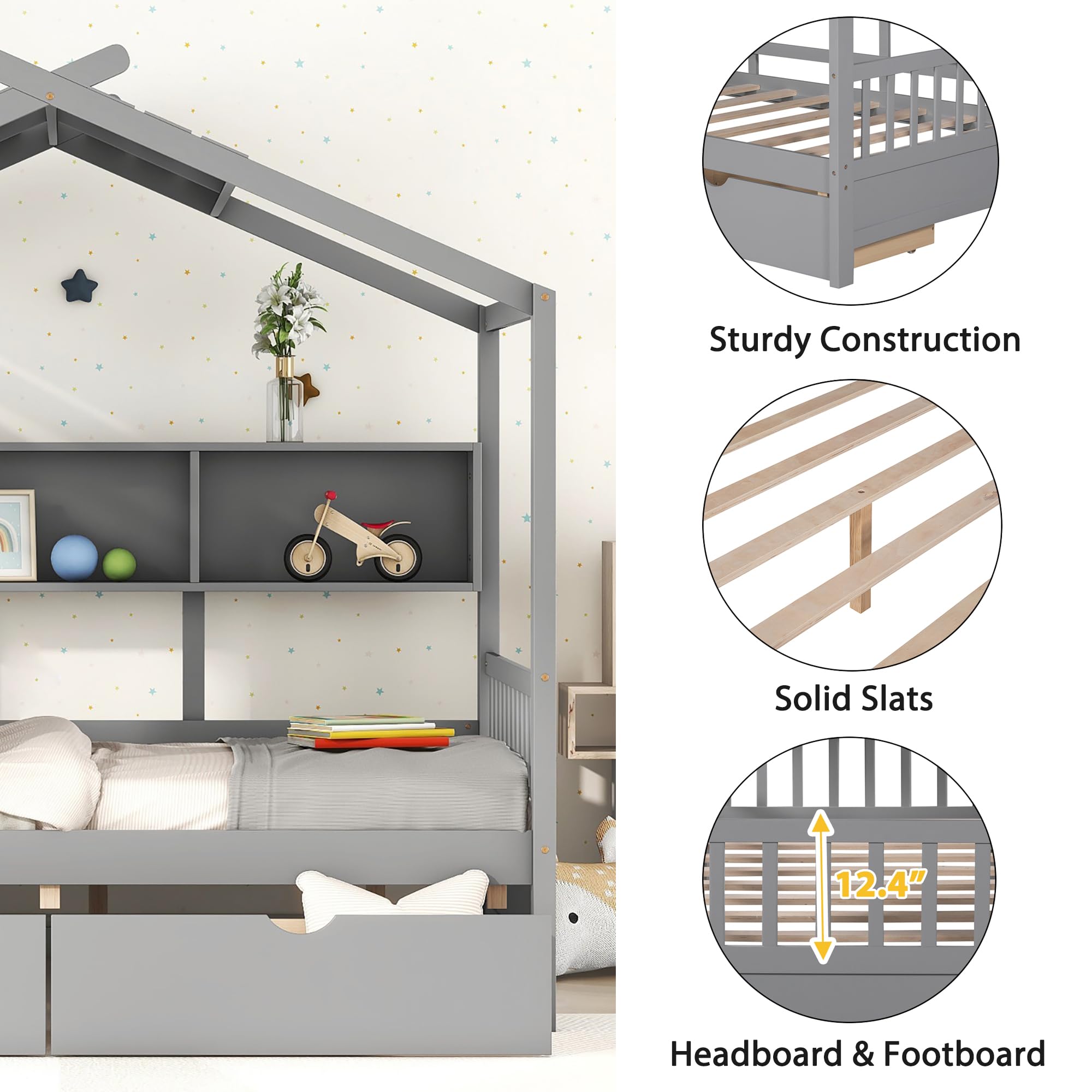 Bellemave Full Size Wooden House Bed Frame with 2 Storage Drawers & Shelves - Kids Bed for Girls & Boys, Gray - Perfect for Bedroom Decor & Small Space Organization