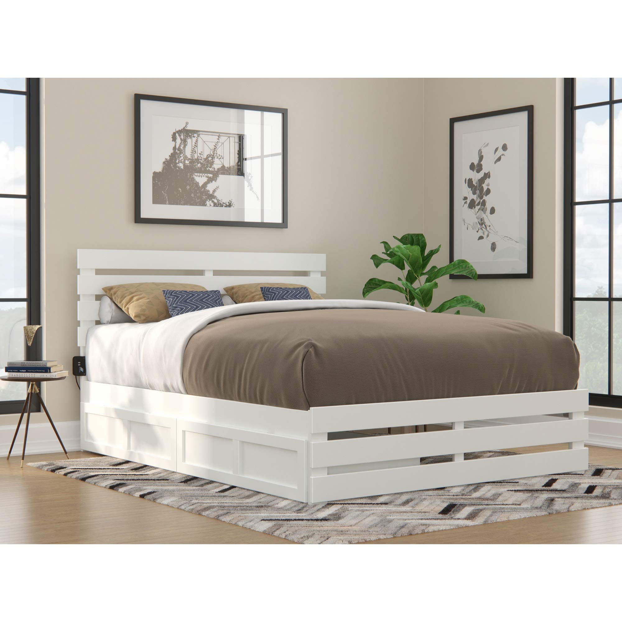 AFI Oxford Queen Size Bed Frame with Footboard, USB Turbo Charger & 2 Extra-Long Storage Drawers - White Wooden Platform Bed for Modern Bedroom & Guest Room