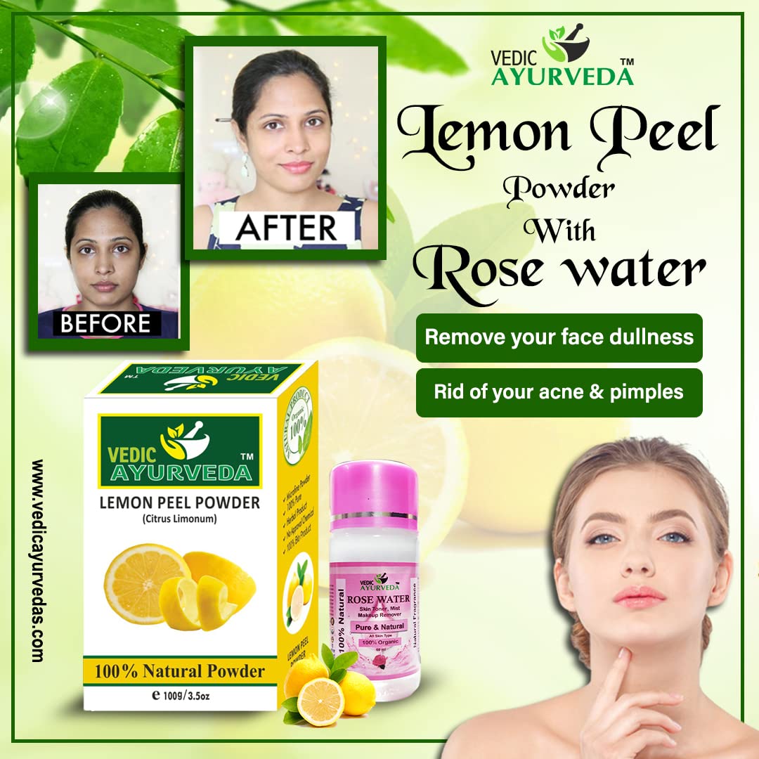 Organic Lemon Peel Powder & Rose Water Face Mask - 100g Lemon Powder + 60ml Free Rose Water - Brightens Skin, Reduces Acne & Dark Spots - Natural Skin Care for Glowing Complexion - Perfect for Daily Skincare Routine & Spa Treatments