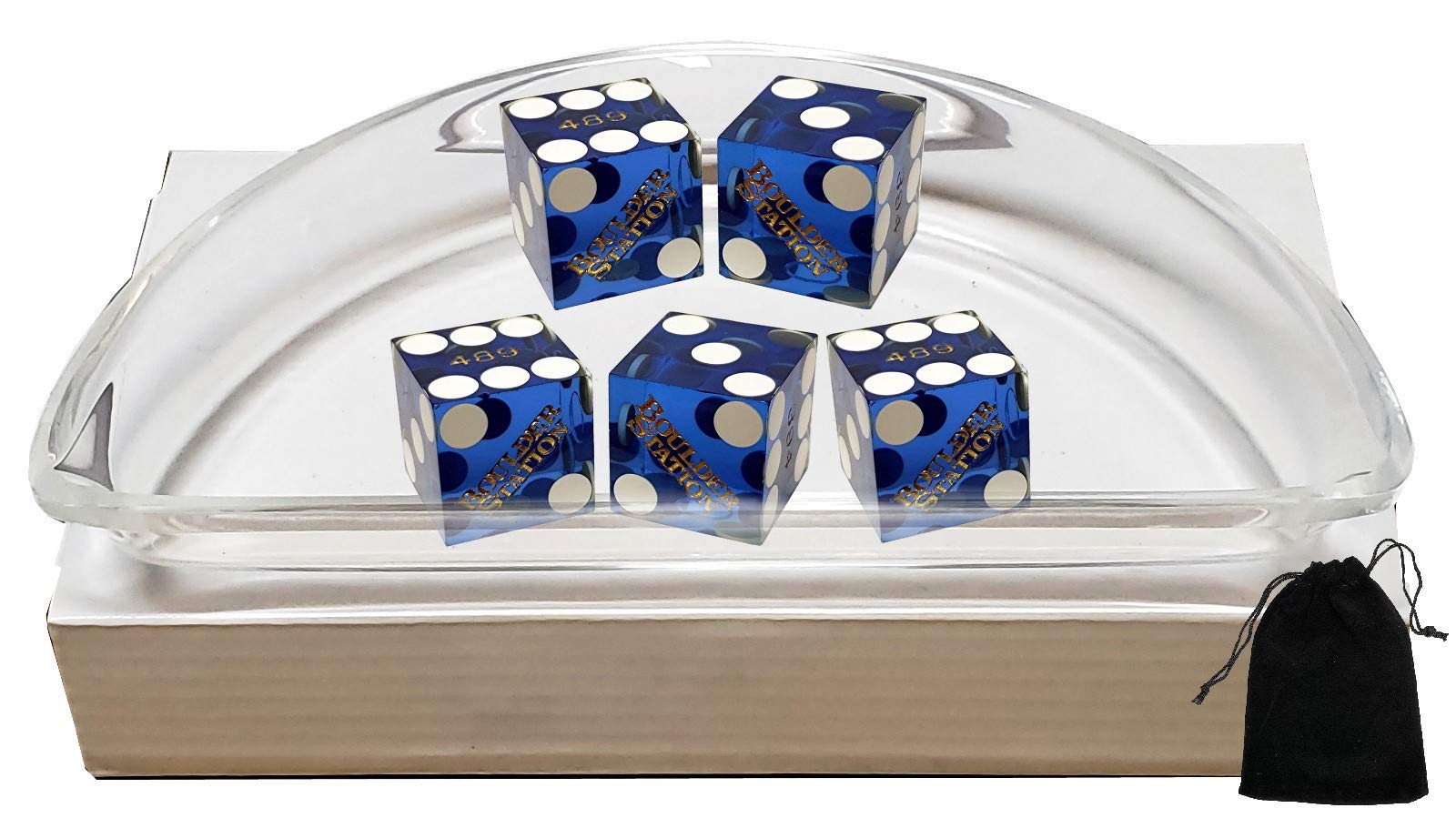 Set of 5 Las Vegas Casino 19mm Professional Craps Dice with Clear Acrylic Dice Boat & Black Velvet Pouch - Boulder Station Blue Polished Edition - Perfect for Casino Games, Gambling Parties, and Tabletop Gaming